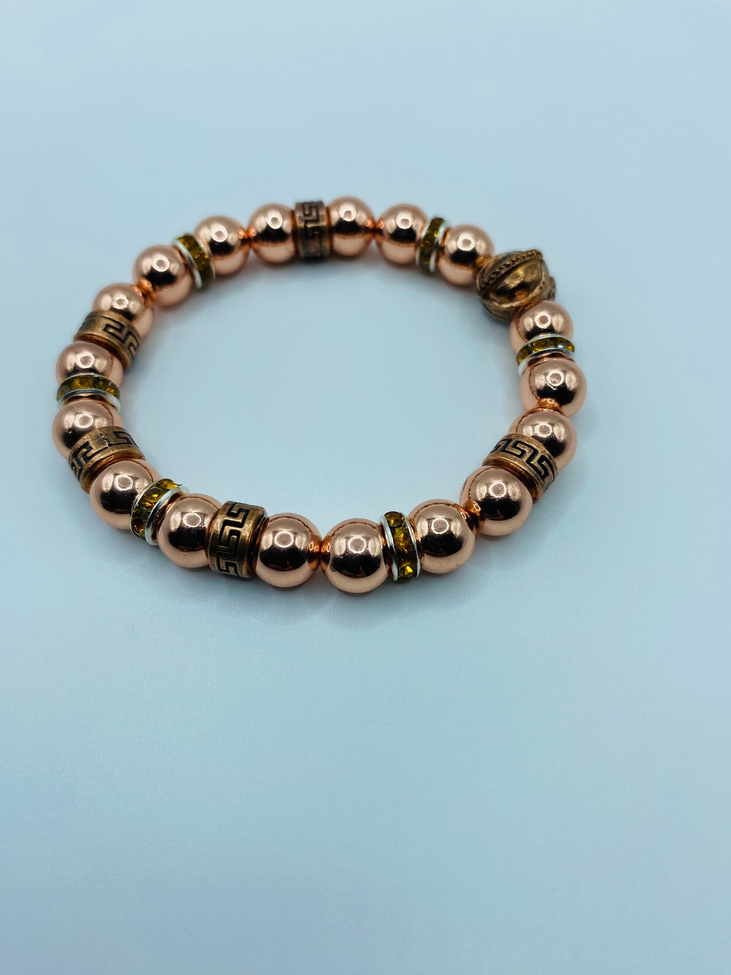 Rose Gold Spartan Helmet Bracelet: Hematite Gemstone Beaded Warrior Jewelry