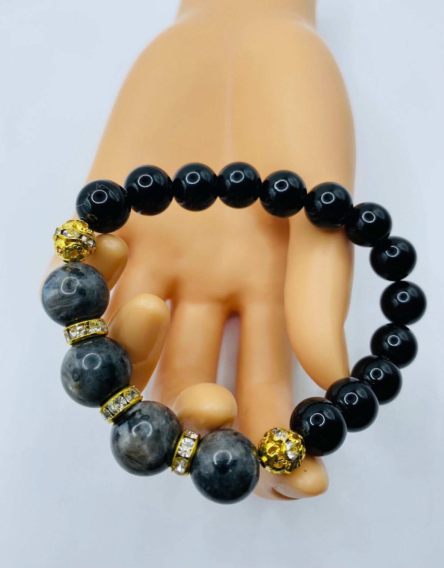 Labradorite & Black Onyx Beaded Bracelet: 18k Gold Rhinestone Rondelles