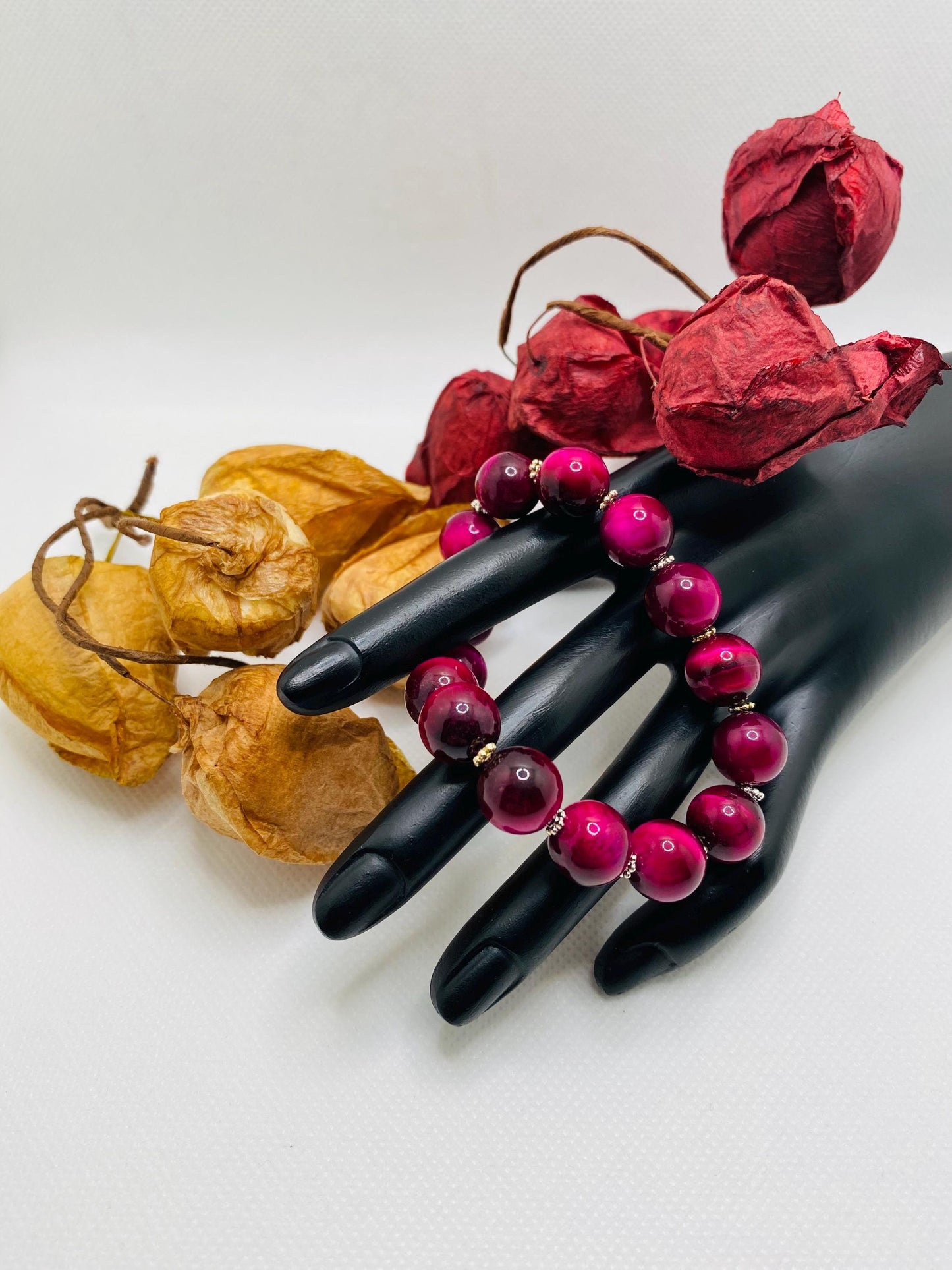 Chunky Rose Red Tigers Eye Bracelet: Handmade Gemstone Jewelry