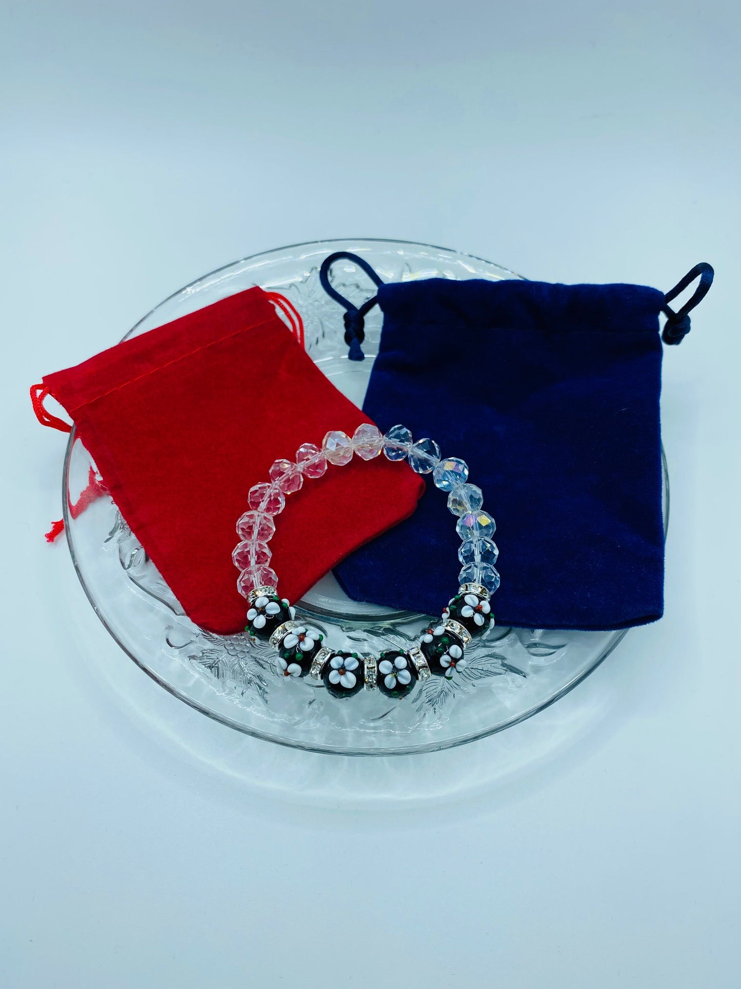 Lampwork Floral Glass Bead Bracelet: Rhinestone Crystal Flower Bracelet