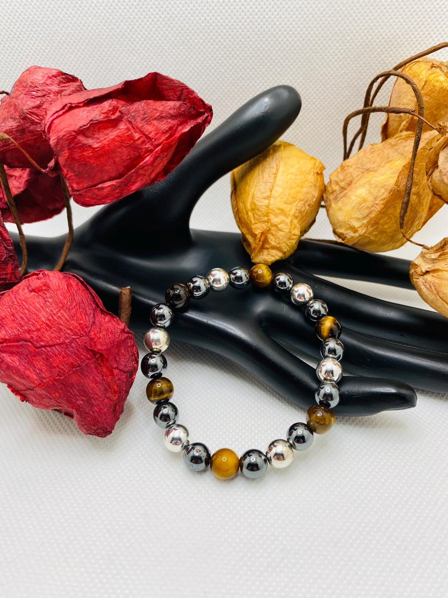 Mens Tigers Eye & Hematite Beaded Bracelet - Handmade Gemstone Jewelry