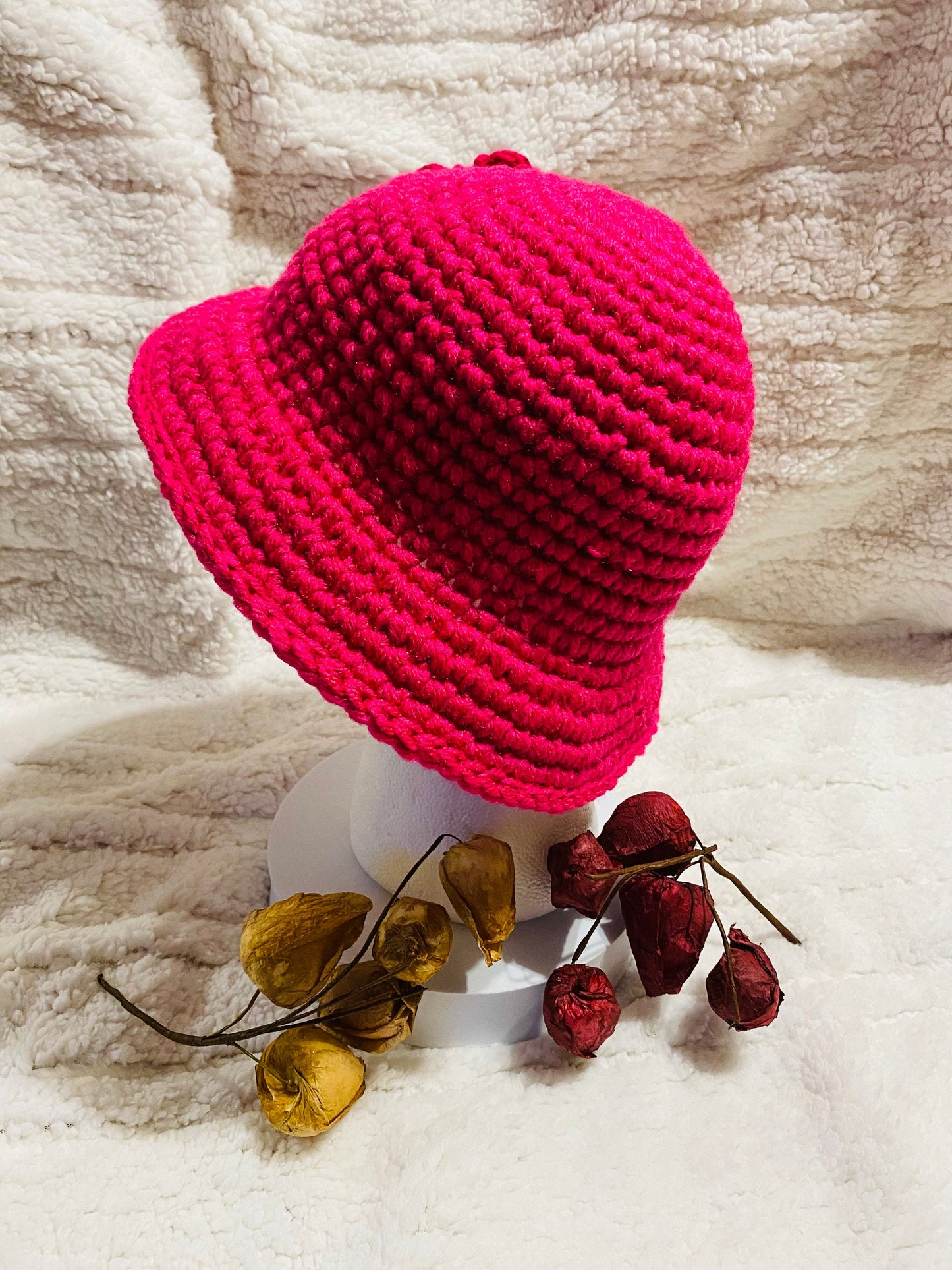 Hot Pink Crochet Bucket Hat with Flower: Handmade Acrylic Sun Hat