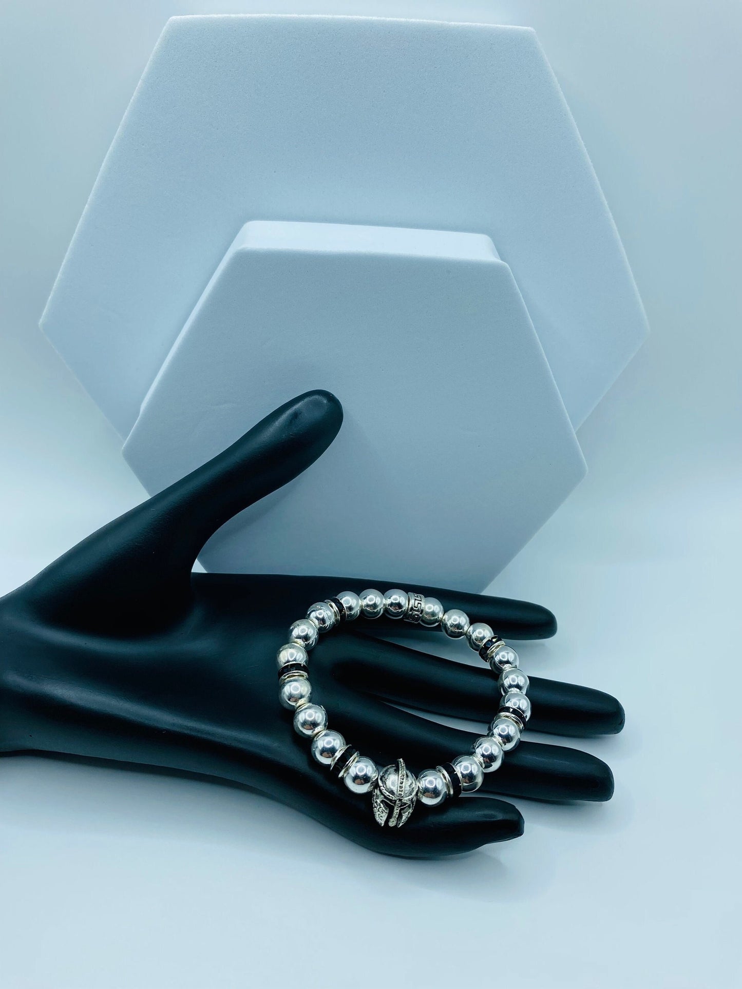 Mens Spartan Helmet Bracelet: Silver Hematite Gemstone Beads, Medieval Jewelry