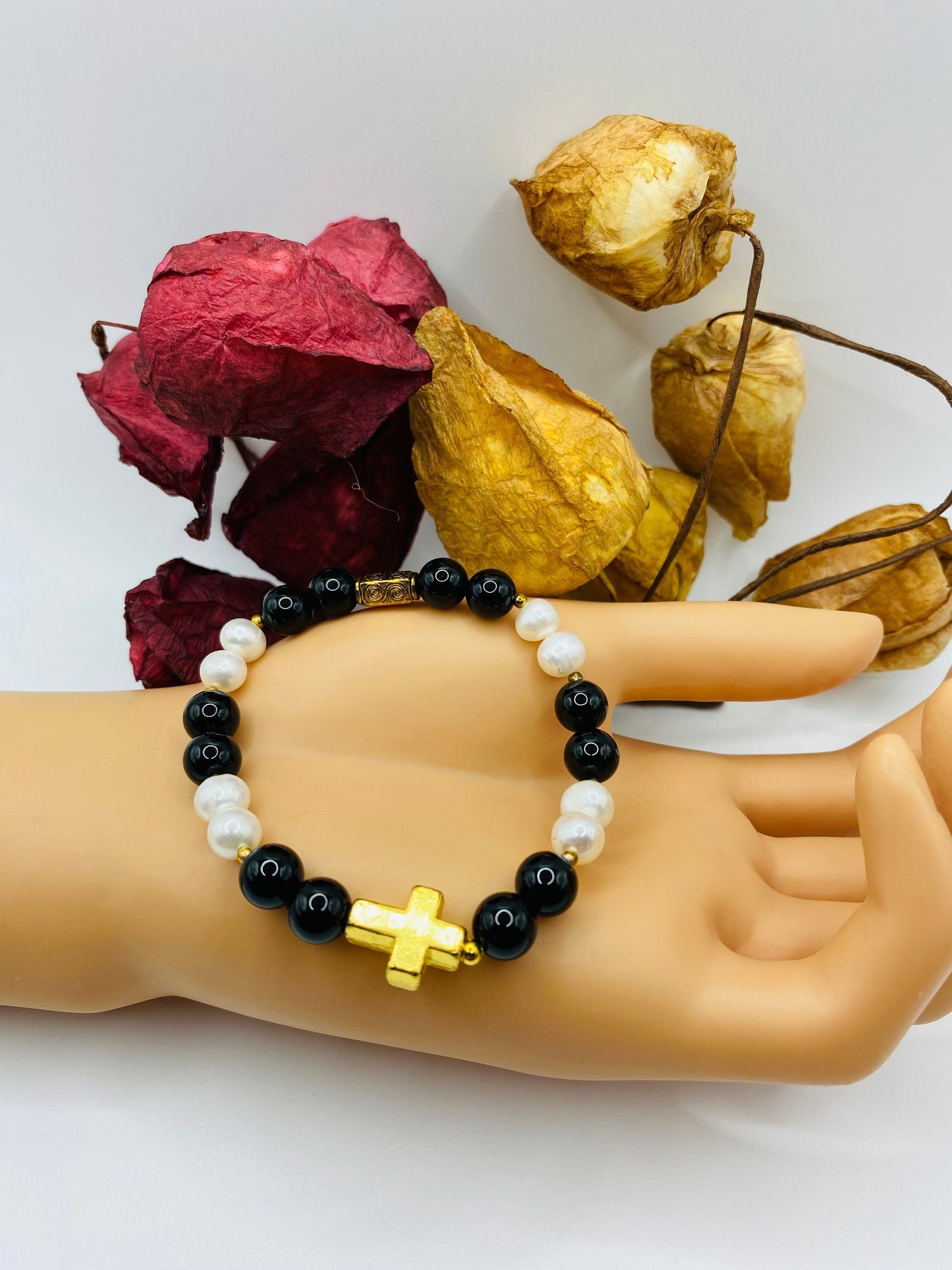 Gold Cross Bracelet: Pearl & Onyx Gemstone Beads, Spiritual Jewelry