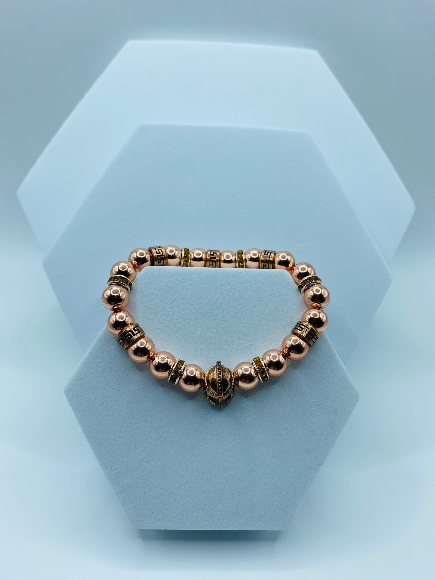 Rose Gold Spartan Helmet Bracelet: Hematite Gemstone Beaded Warrior Jewelry