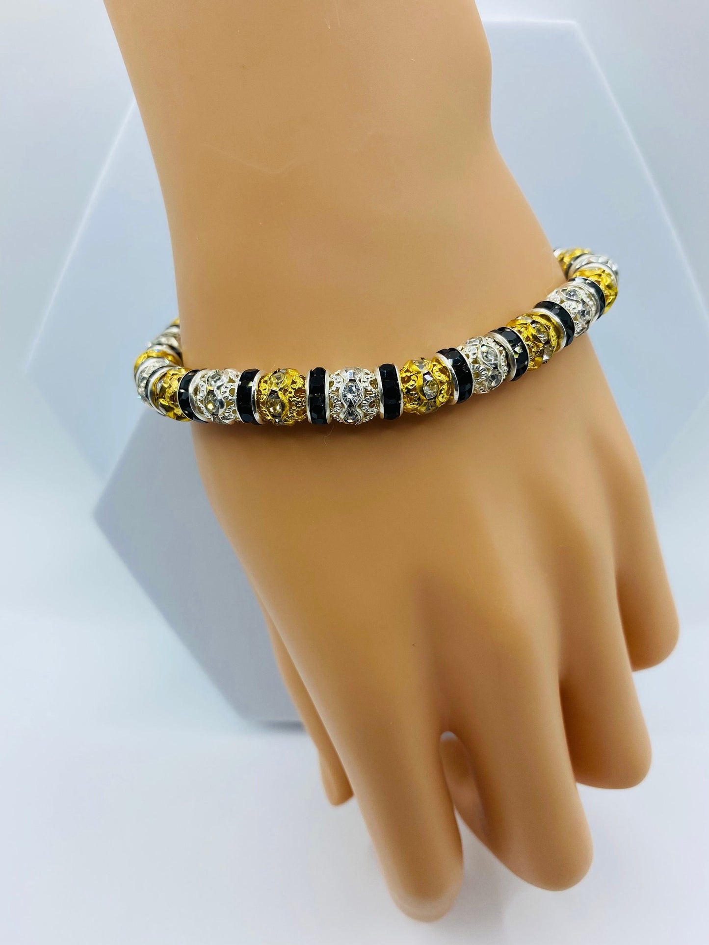 Mens Rhinestone Bracelet: Gold & Silver Plated CZ Beads