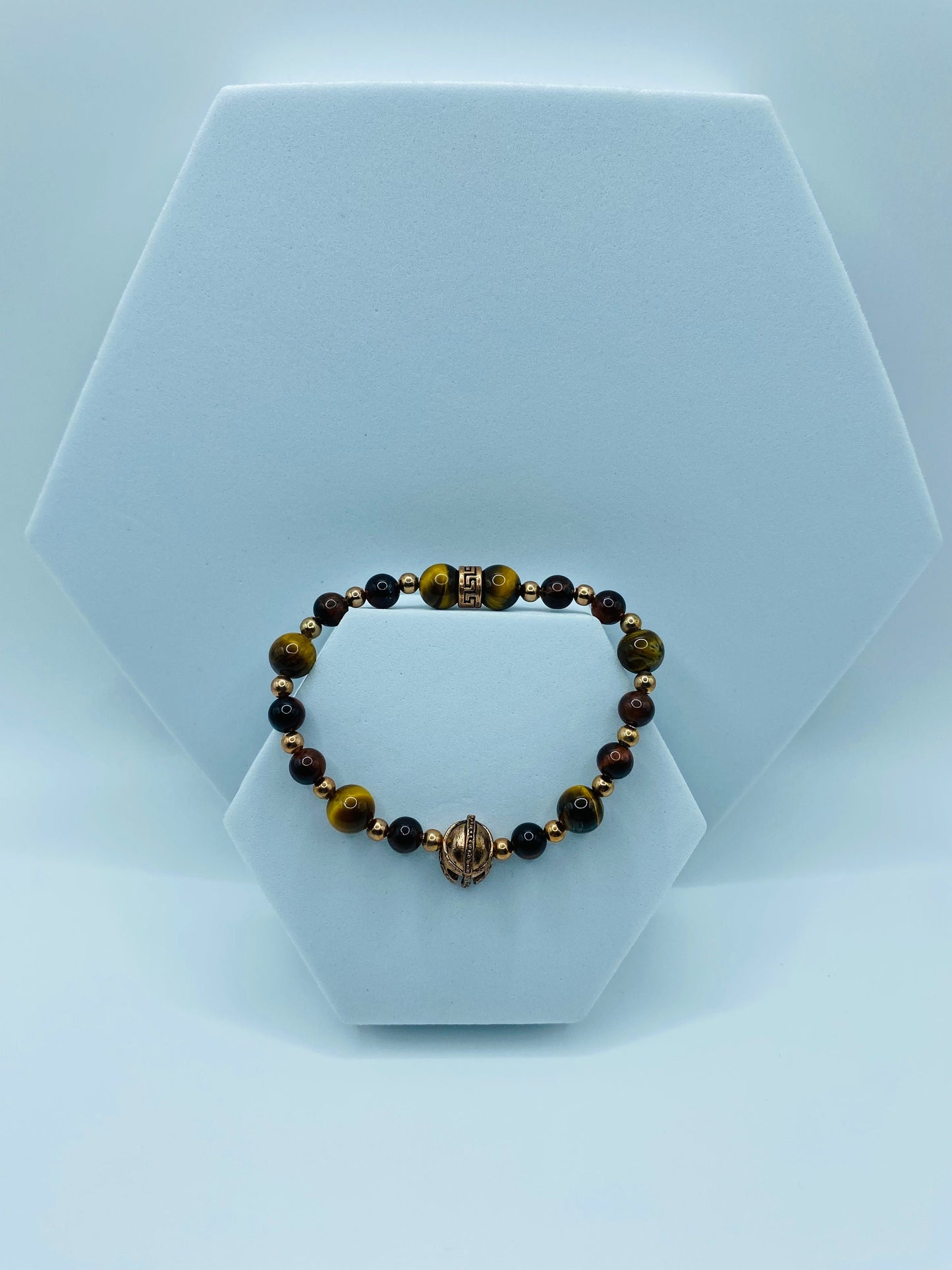 Rose Gold Spartan Helmet Bracelet: Tiger's Eye Gemstone Beaded Bracelet