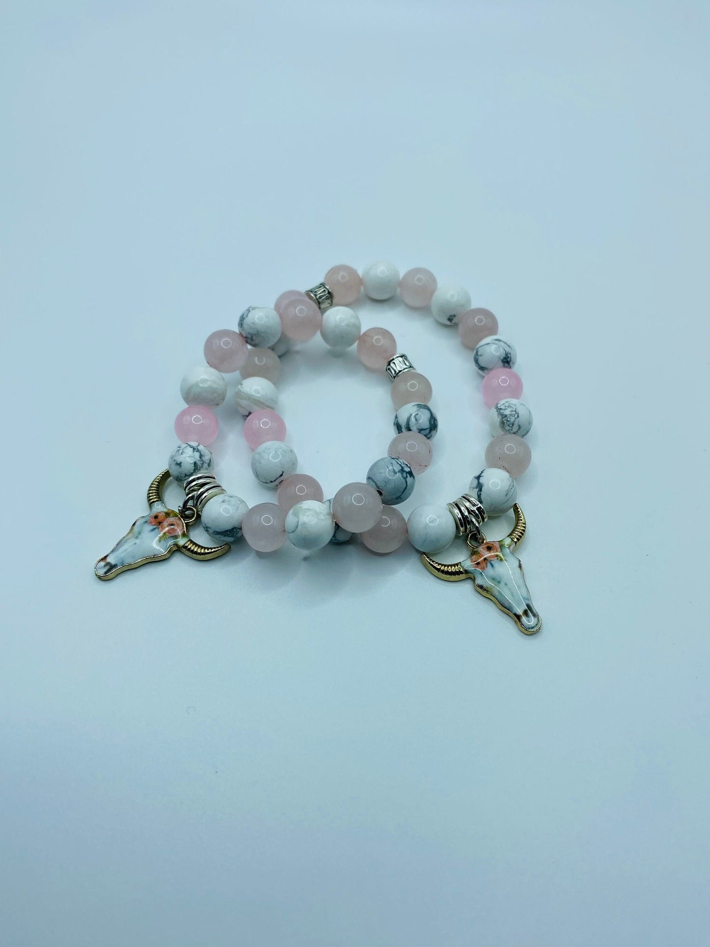 Mommy and Me Cow Charm Bracelet: Rose Quartz & Howlite Gemstone Beads