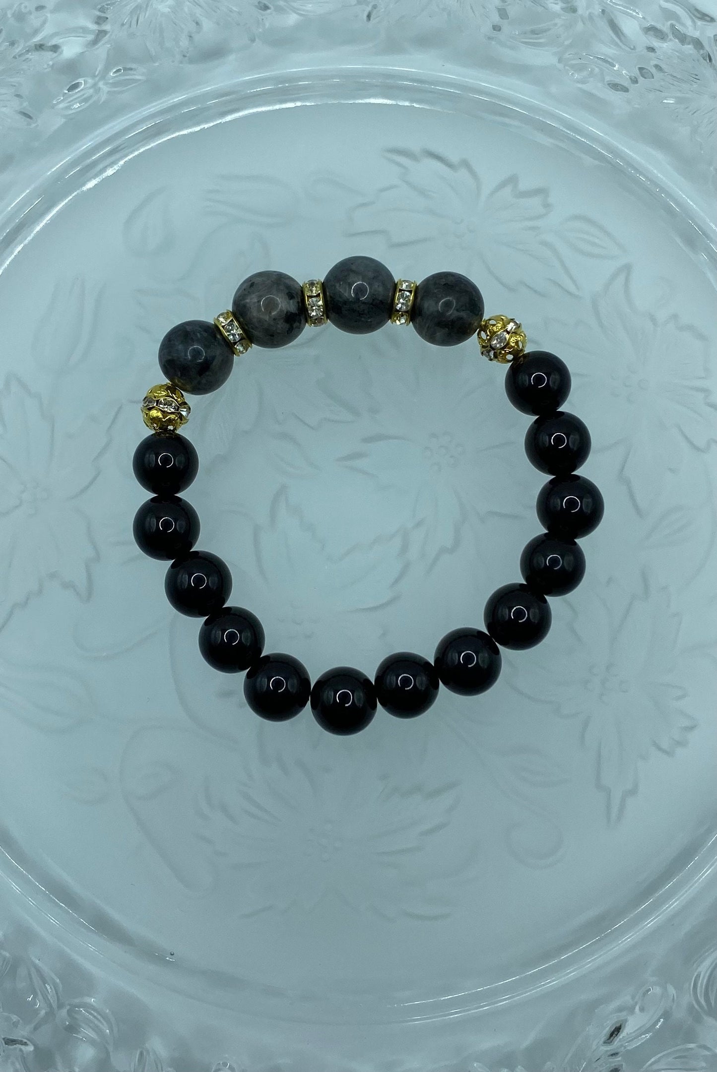 Labradorite & Black Onyx Beaded Bracelet: 18k Gold Rhinestone Rondelles