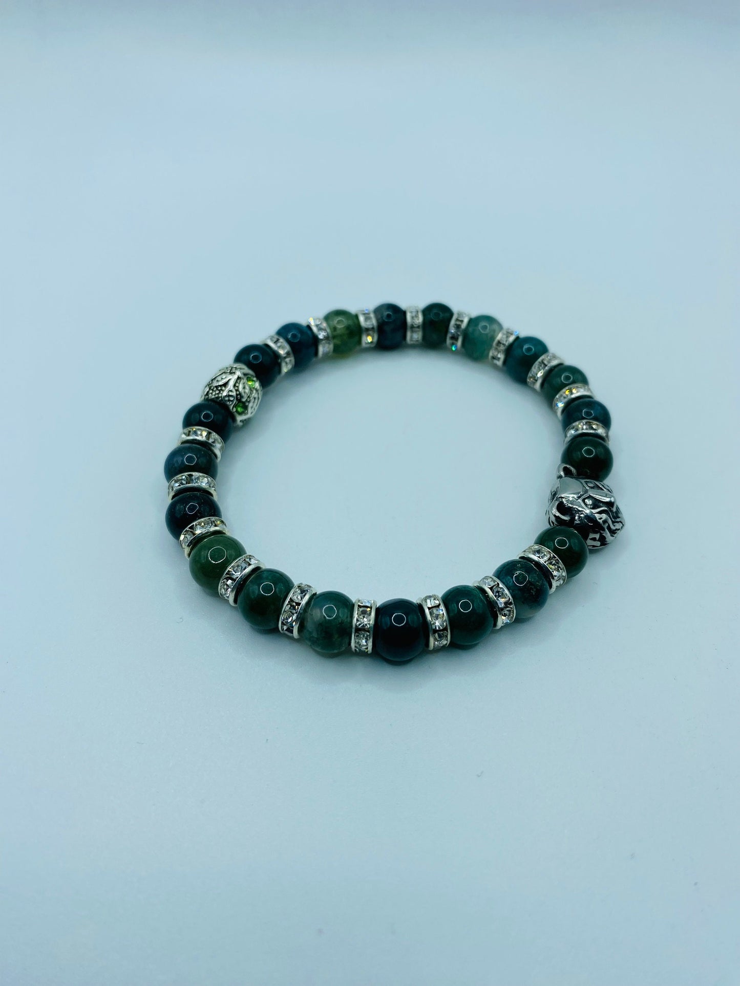 Mens Moss Agate Beaded Bracelet: Bear Charm, Rhinestone Spacers