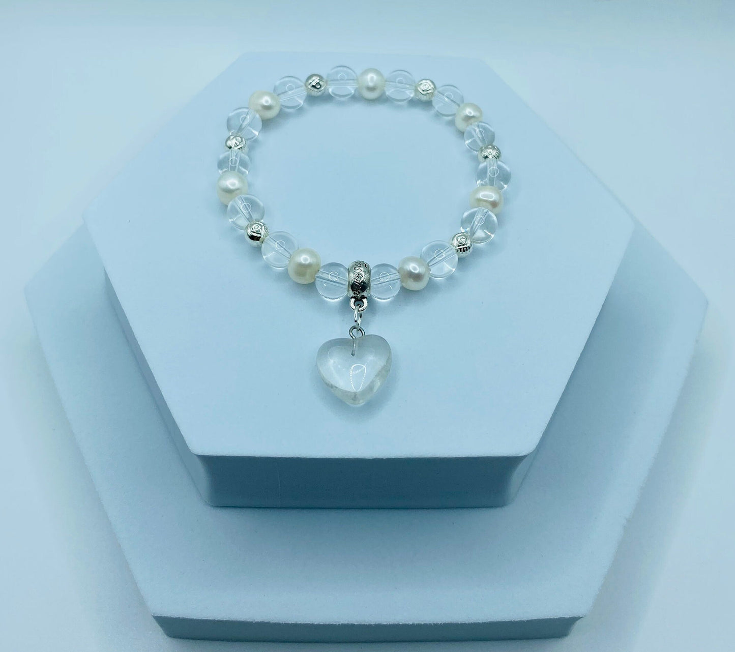 Clear Quartz Crystal Bracelet: Baroque Pearls & Heart Charm