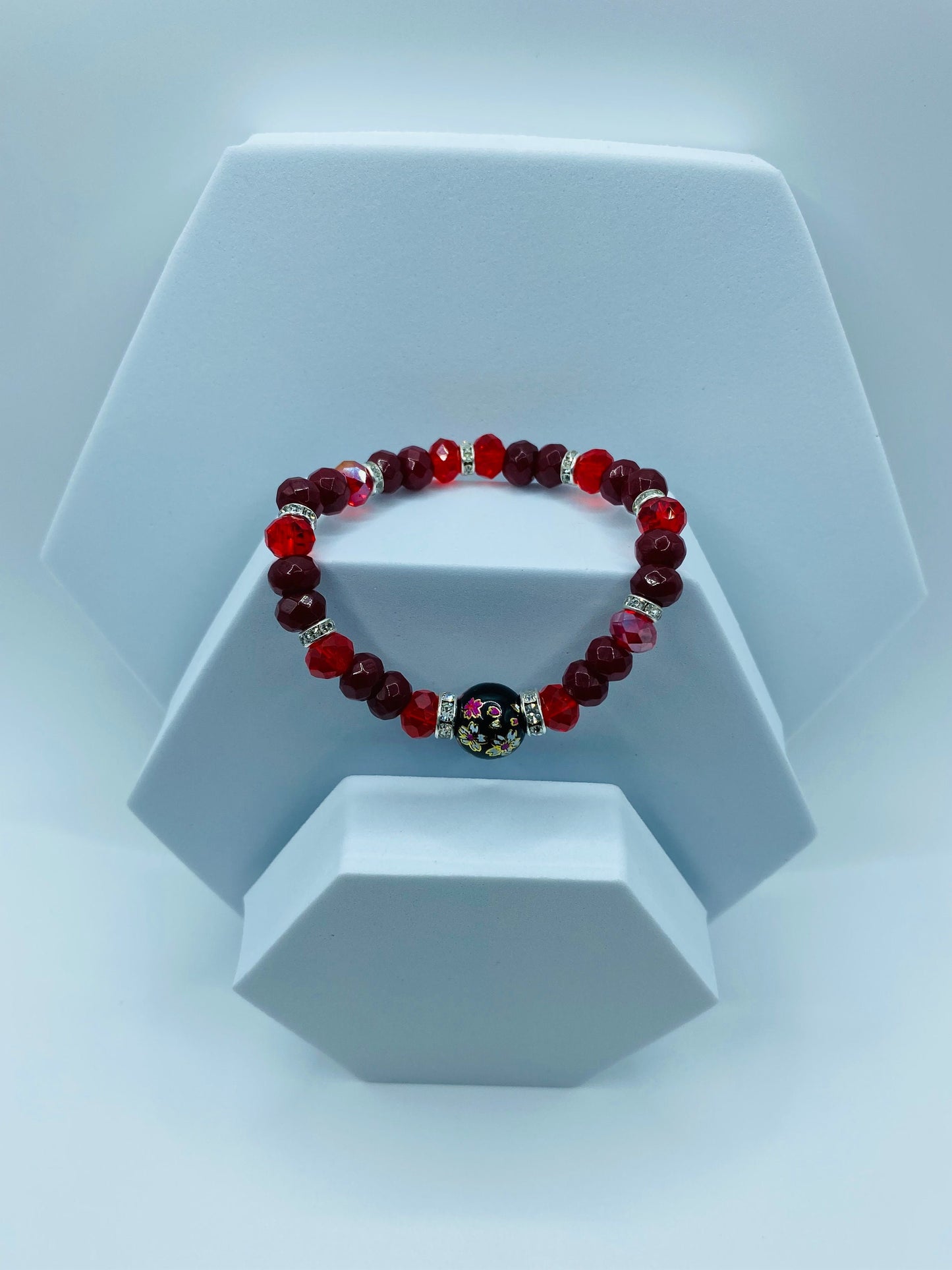 Red Jade & Crystal Beaded Bracelet with Floral Painted Glass Bead