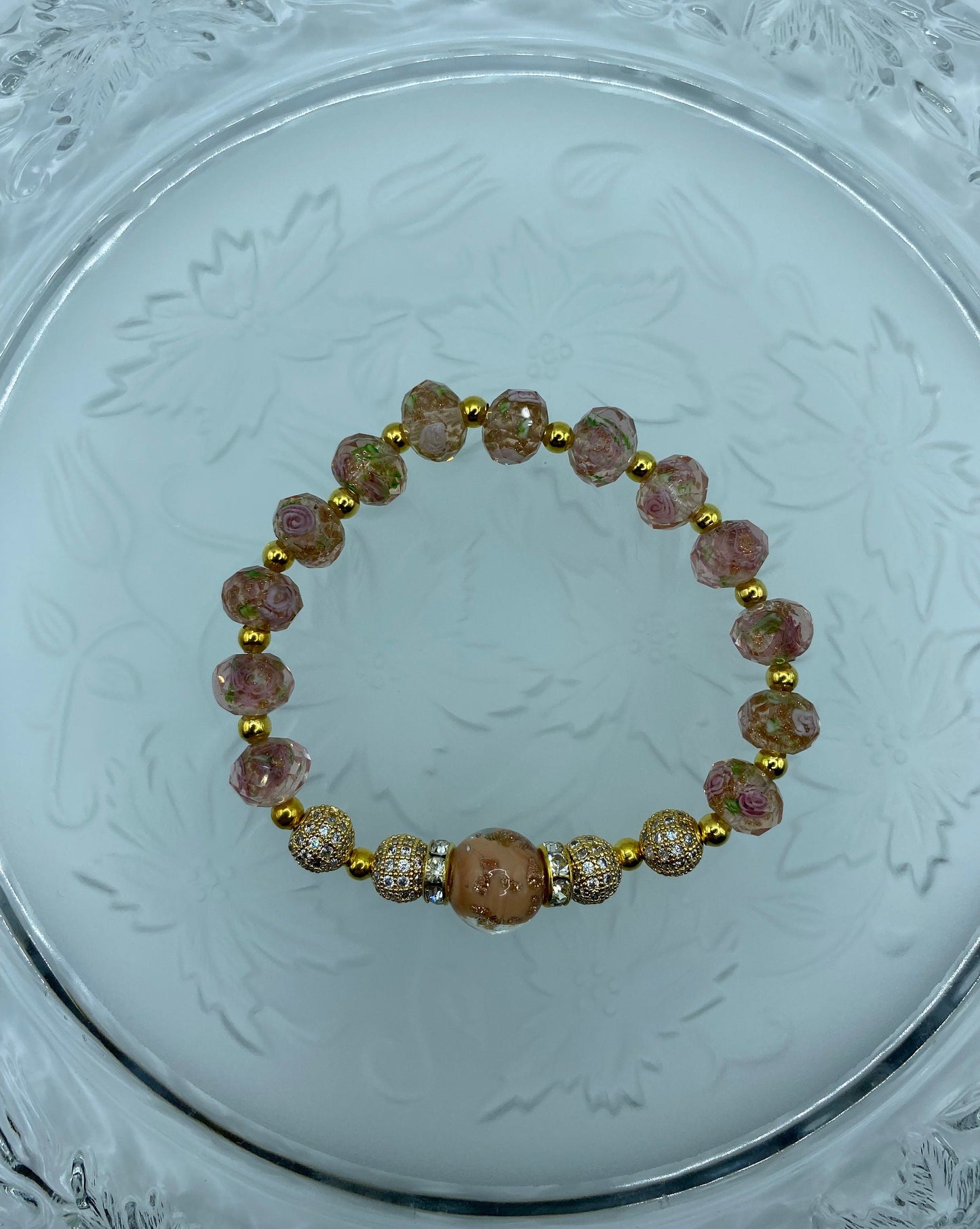 Gold Plated Hematite Bracelet: Pink Lampwork Murano Glass Floral Beads