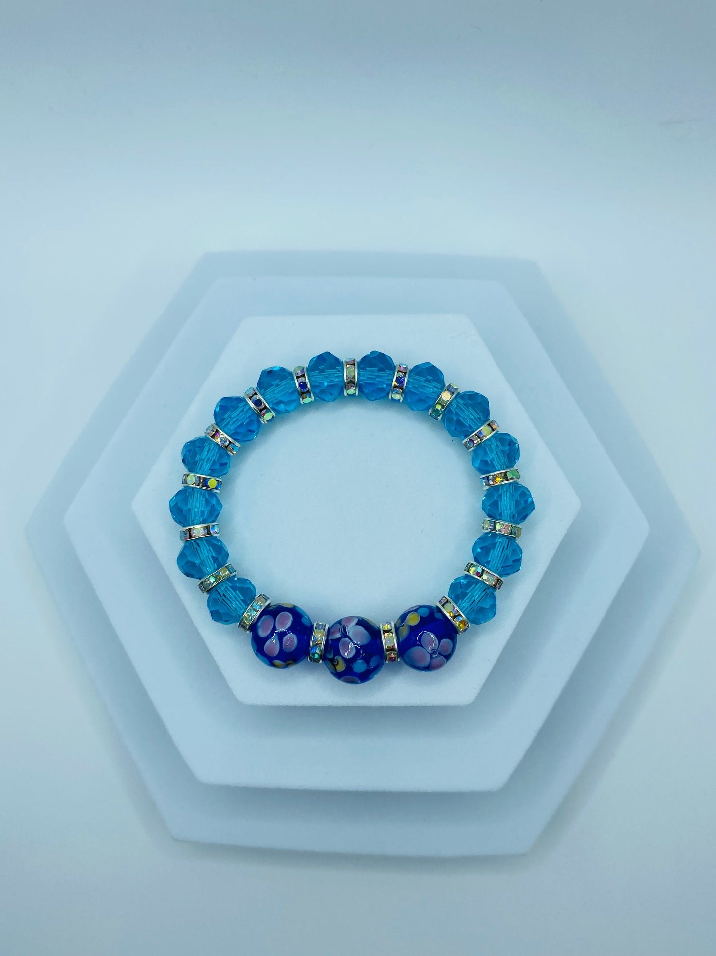 Blue Topaz Crystal Bracelet: Lampwork Floral Glass Beads, Rhinestone Rondelles
