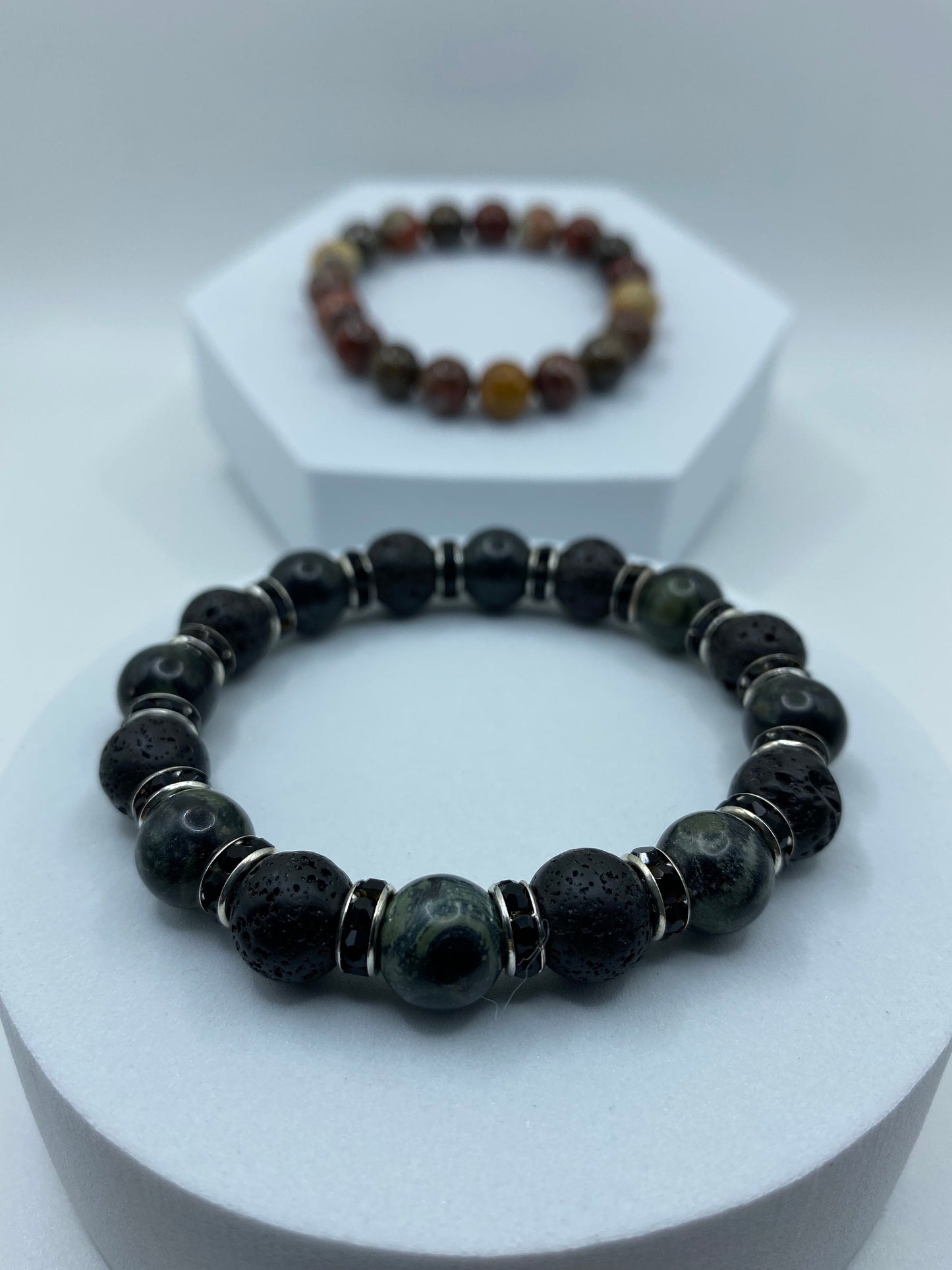 Lava Rock & Labradorite Bracelet with Rhinestone Accents