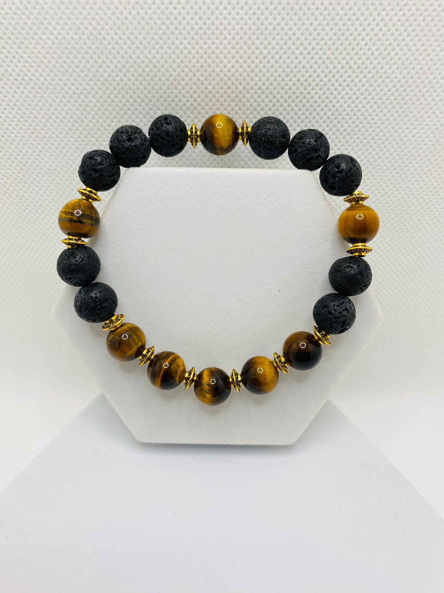 Mens Lava Rock & Tigers Eye Bracelet: Tibetan Gemstone Jewelry