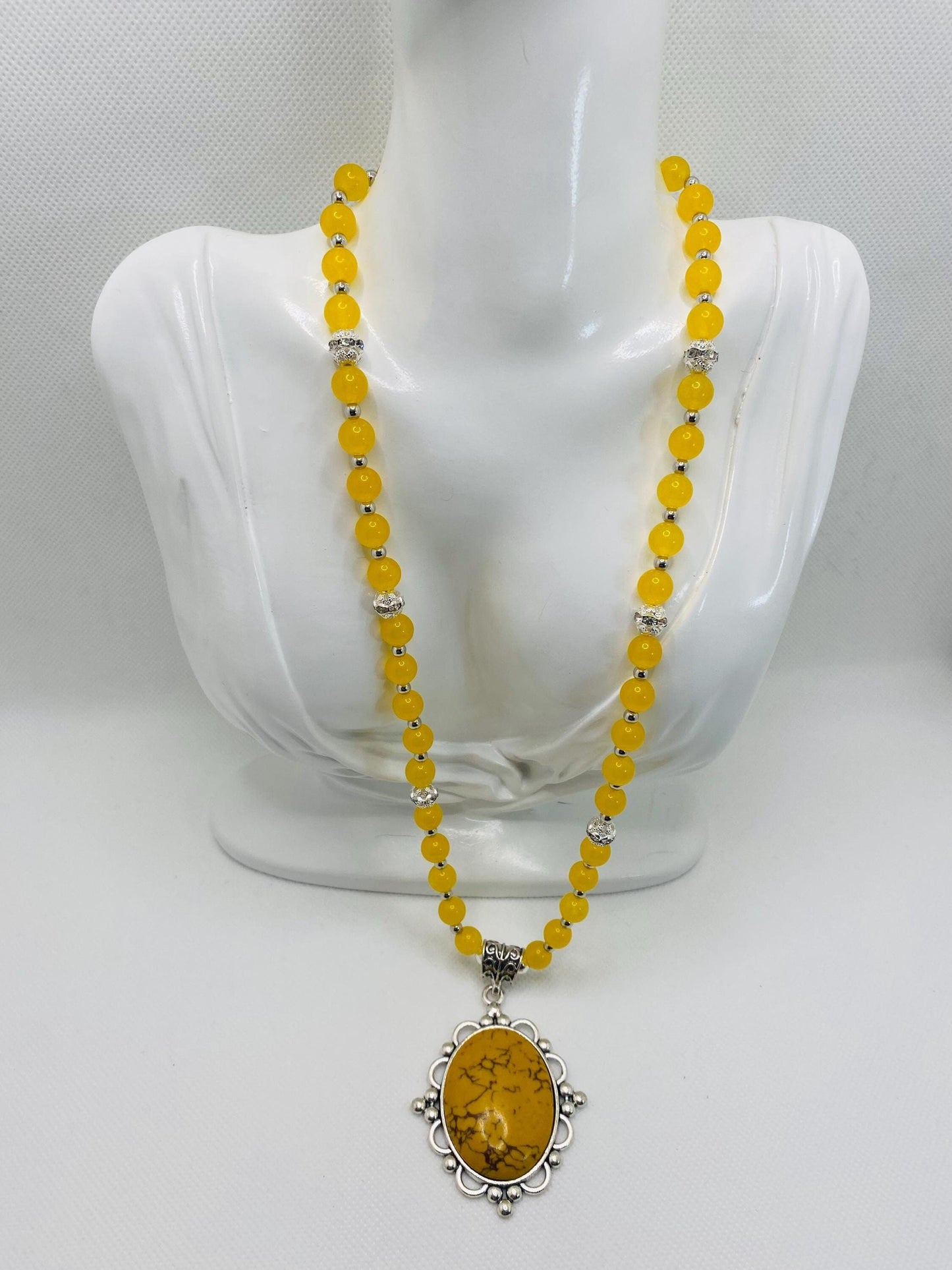 Jade Necklace for Women with Silver Hematite Gemstone Beads & Turquoise Pendant, Gifts for Her