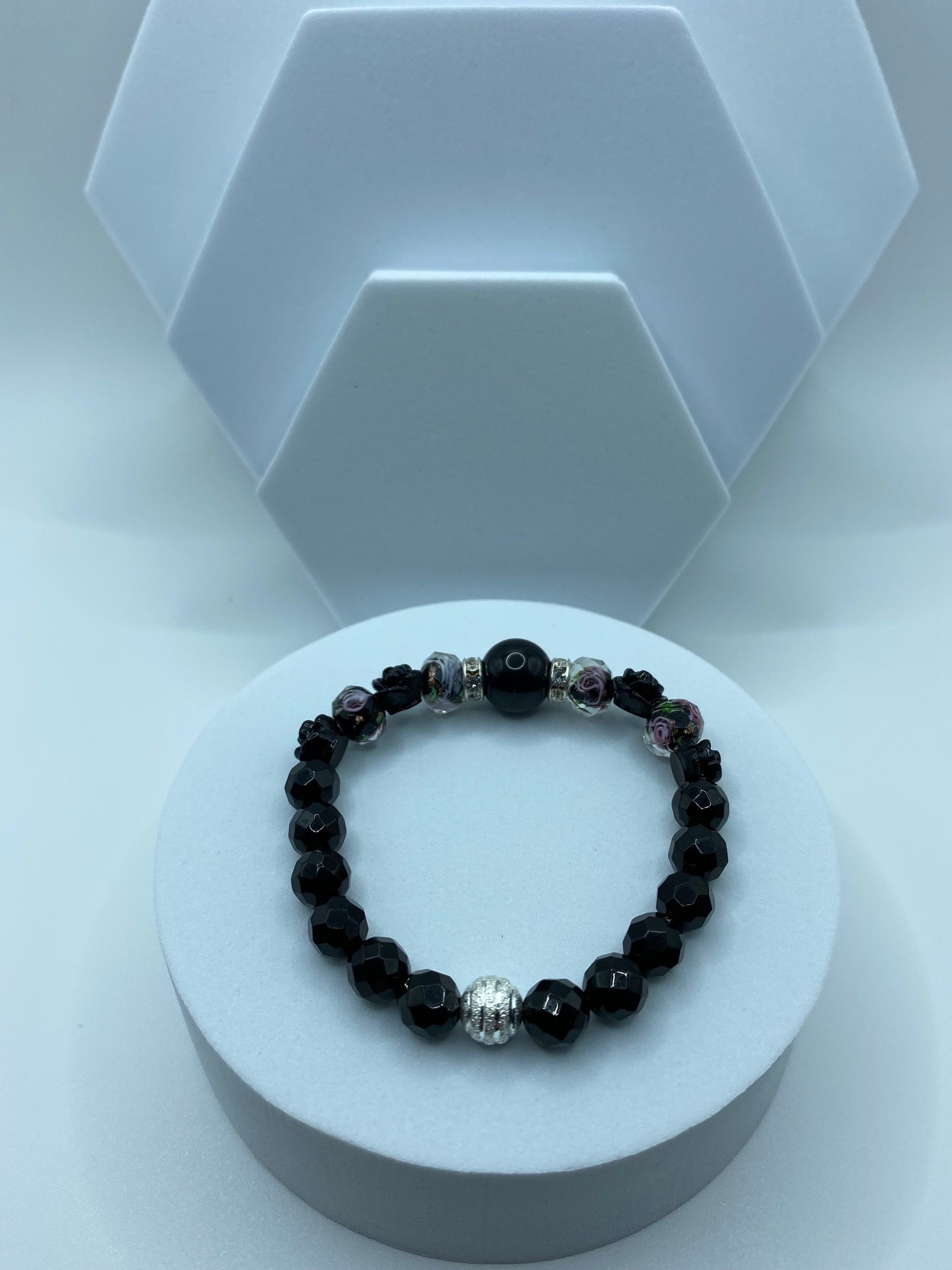 Black Onyx Bracelet: Lampwork Floral Glass Beads & Roses
