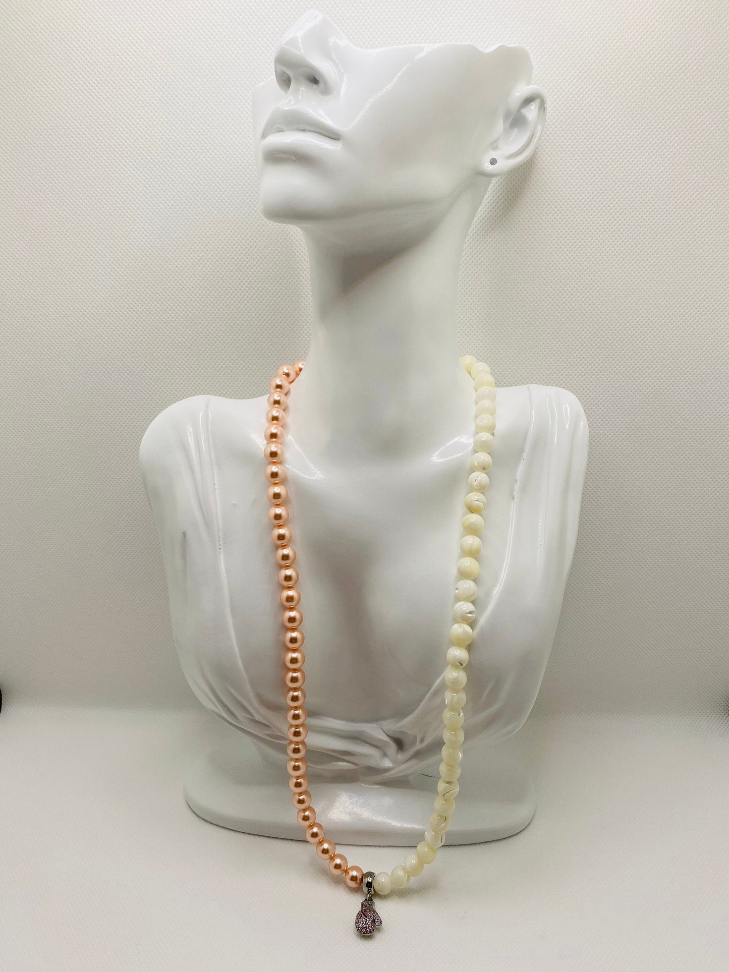 Mother of Pearl Beaded Necklace: Pink Ribbon Boxing Glove, Cancer Survivor Gift