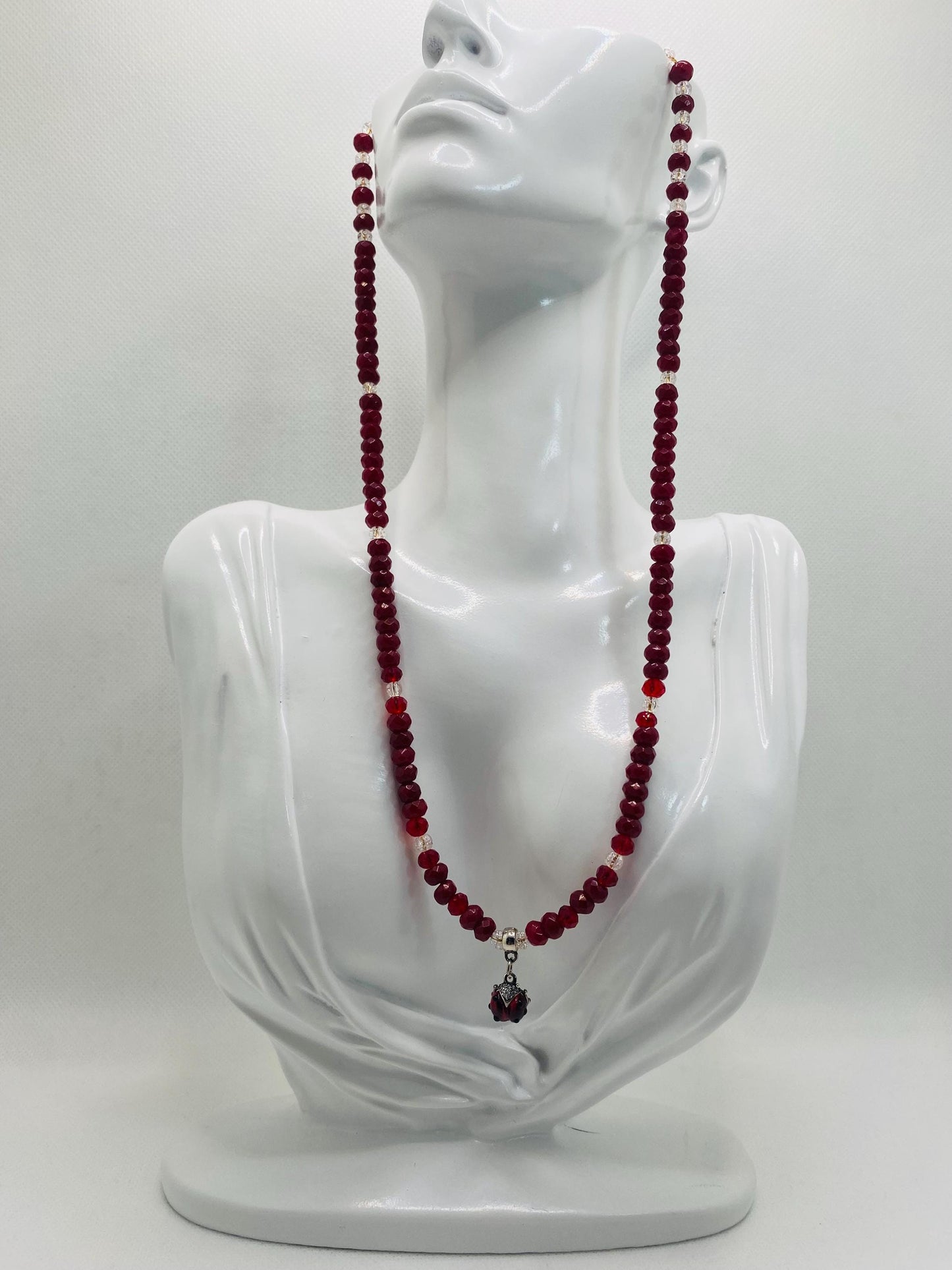Handmade Red Jade Necklace: Ladybug Charm, Crystal Quartz Beads