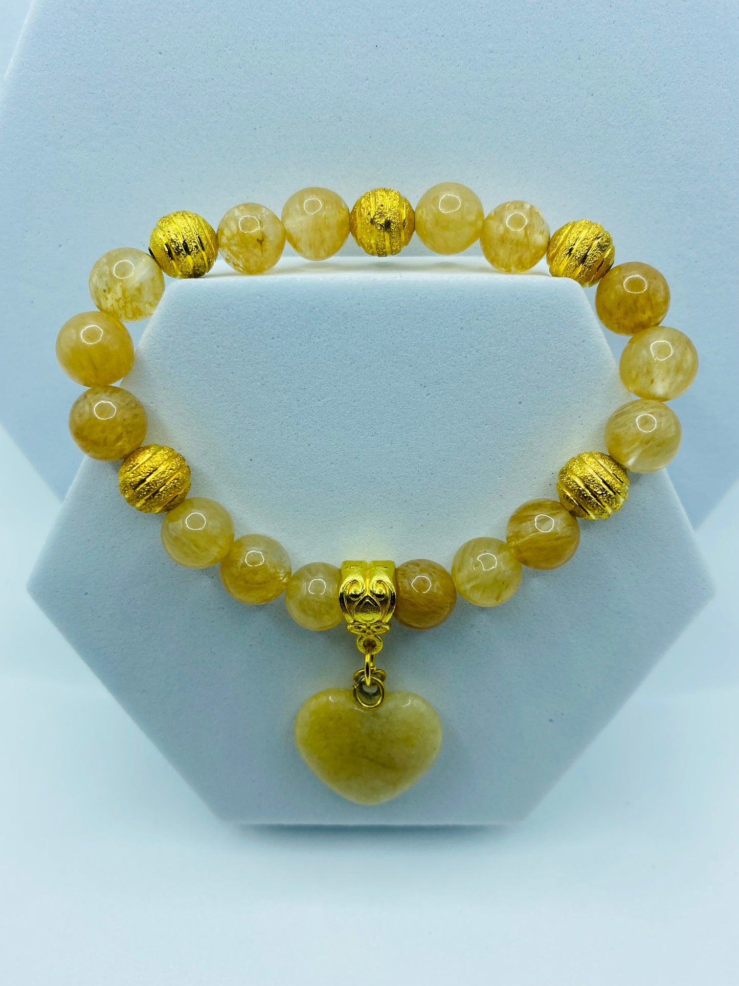 Rutilated Quartz Bracelet: 18K Gold Plated Heart Charm, Gemstone Beads