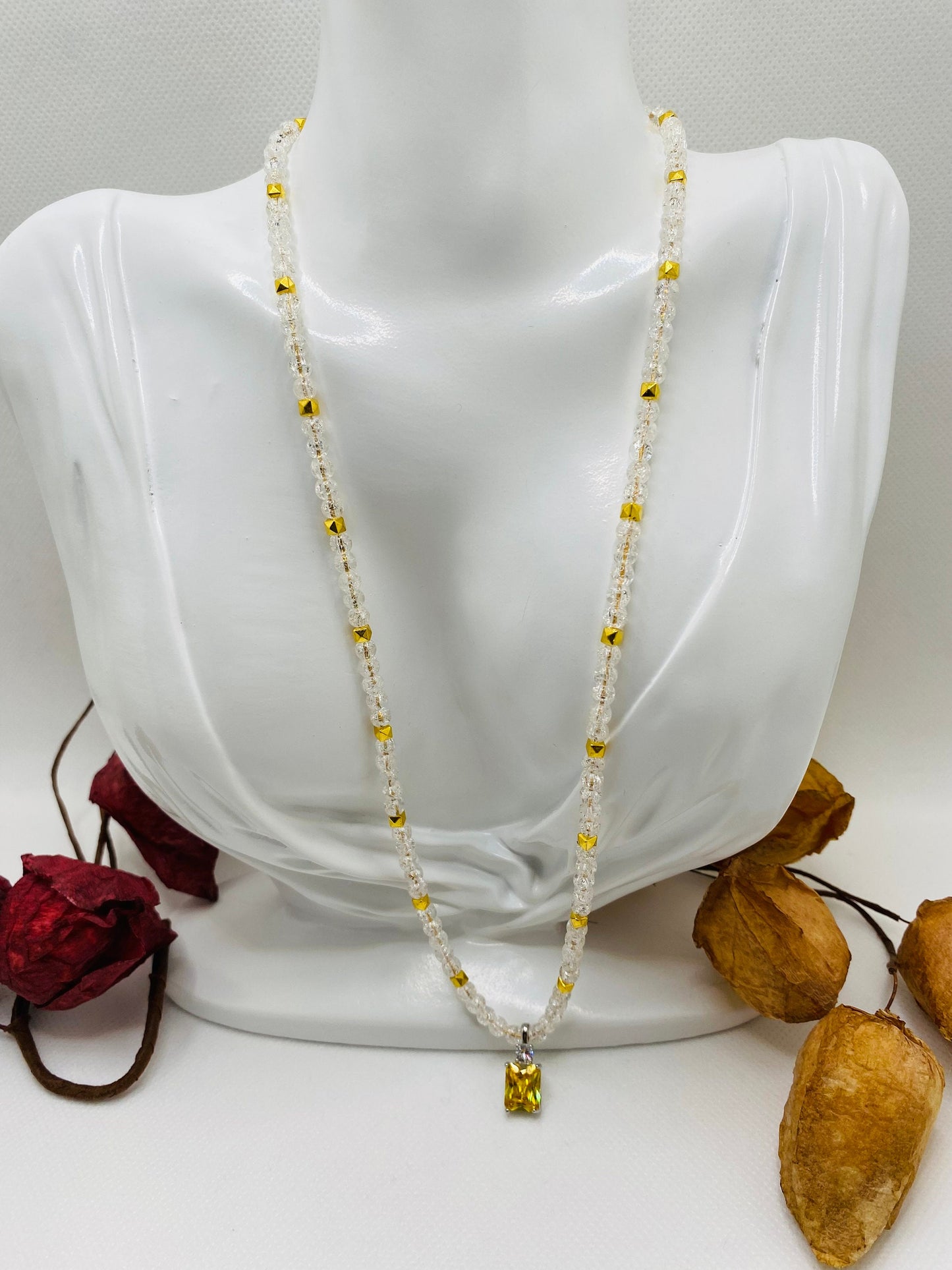 Citrine Pendant Necklace: 14k Gold Chain, Quartz Crystal Beads