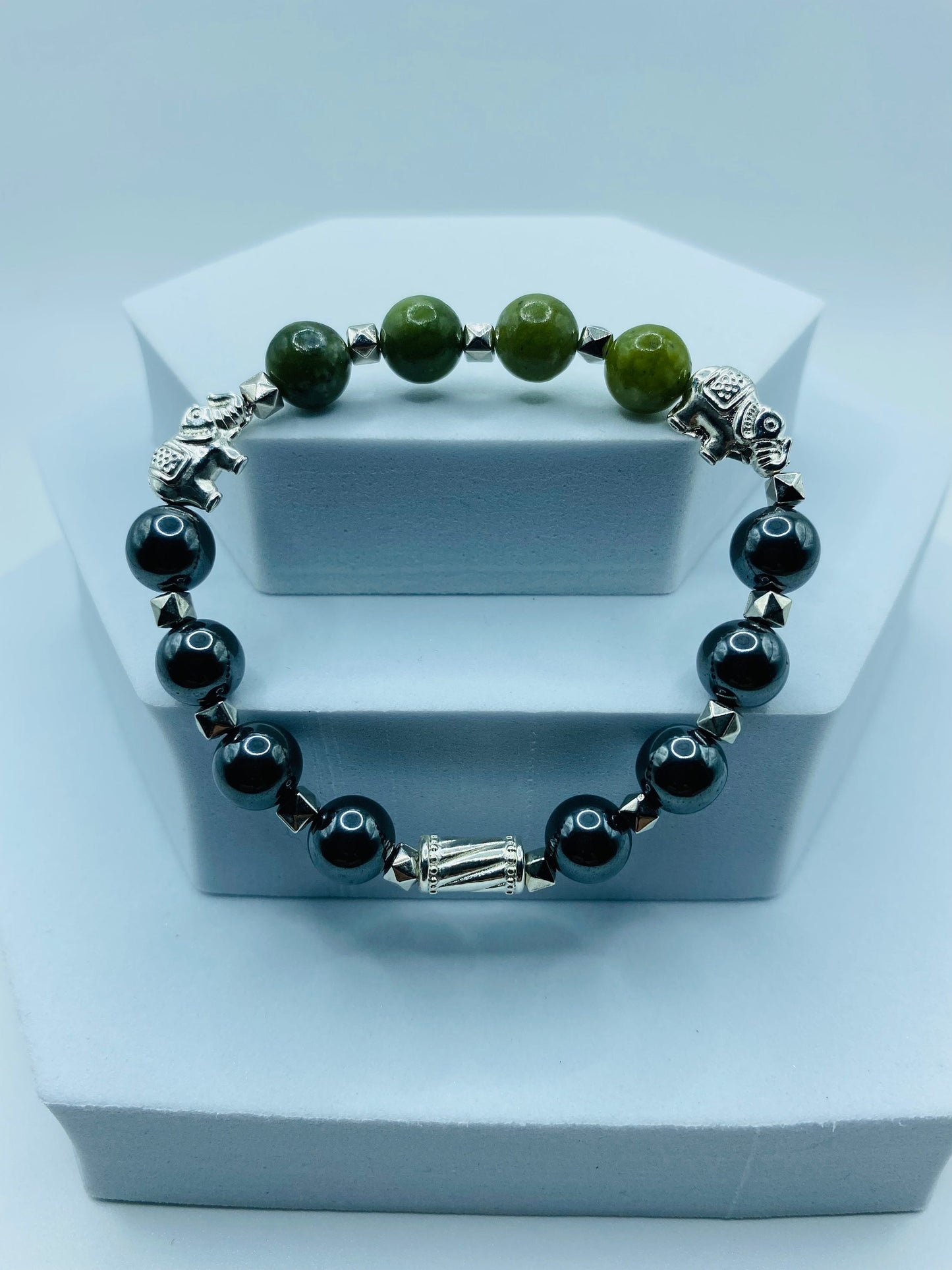 Elephant Jewelry White Gold Womens Bracelet with Jade & Hematite Gemstone Beads - Elephant Gifts