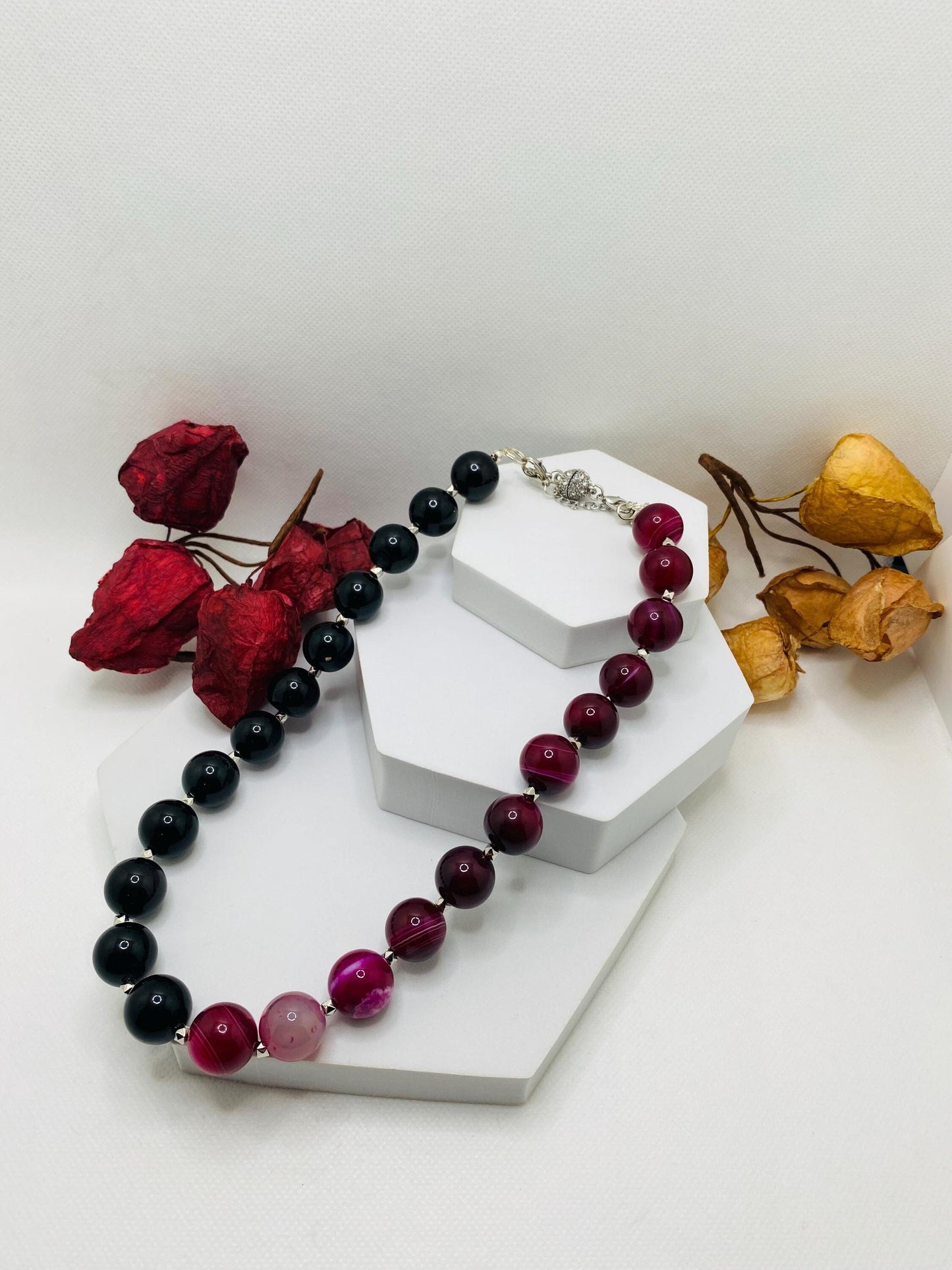 Handmade Black Obsidian & Plum Agate Gemstone Necklace