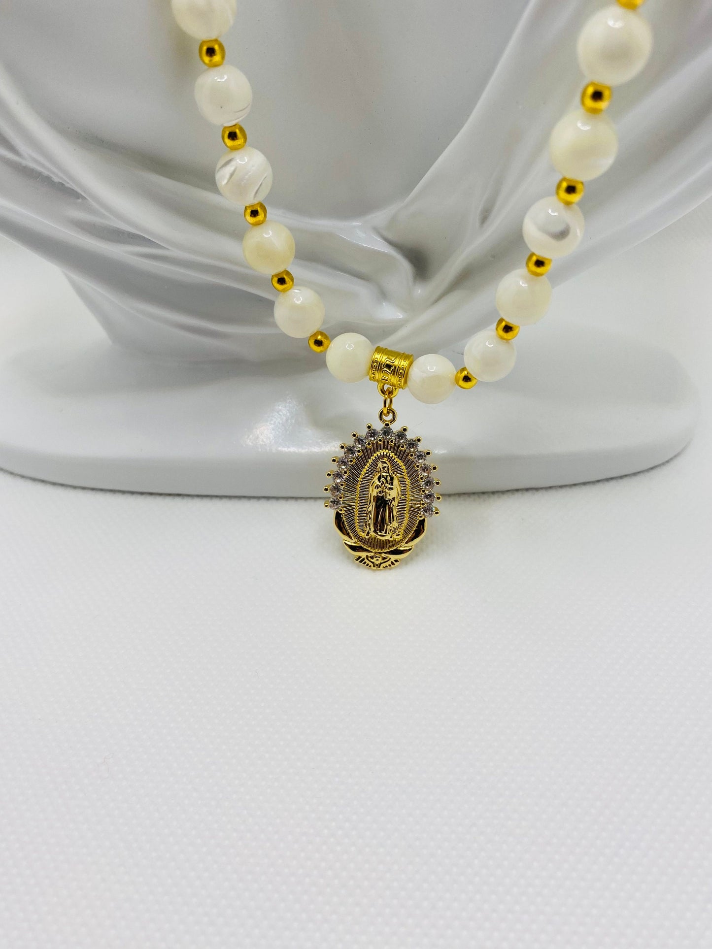 Mother of Pearl Necklace: Virgin Mary Pendant, Gold Stainless Steel
