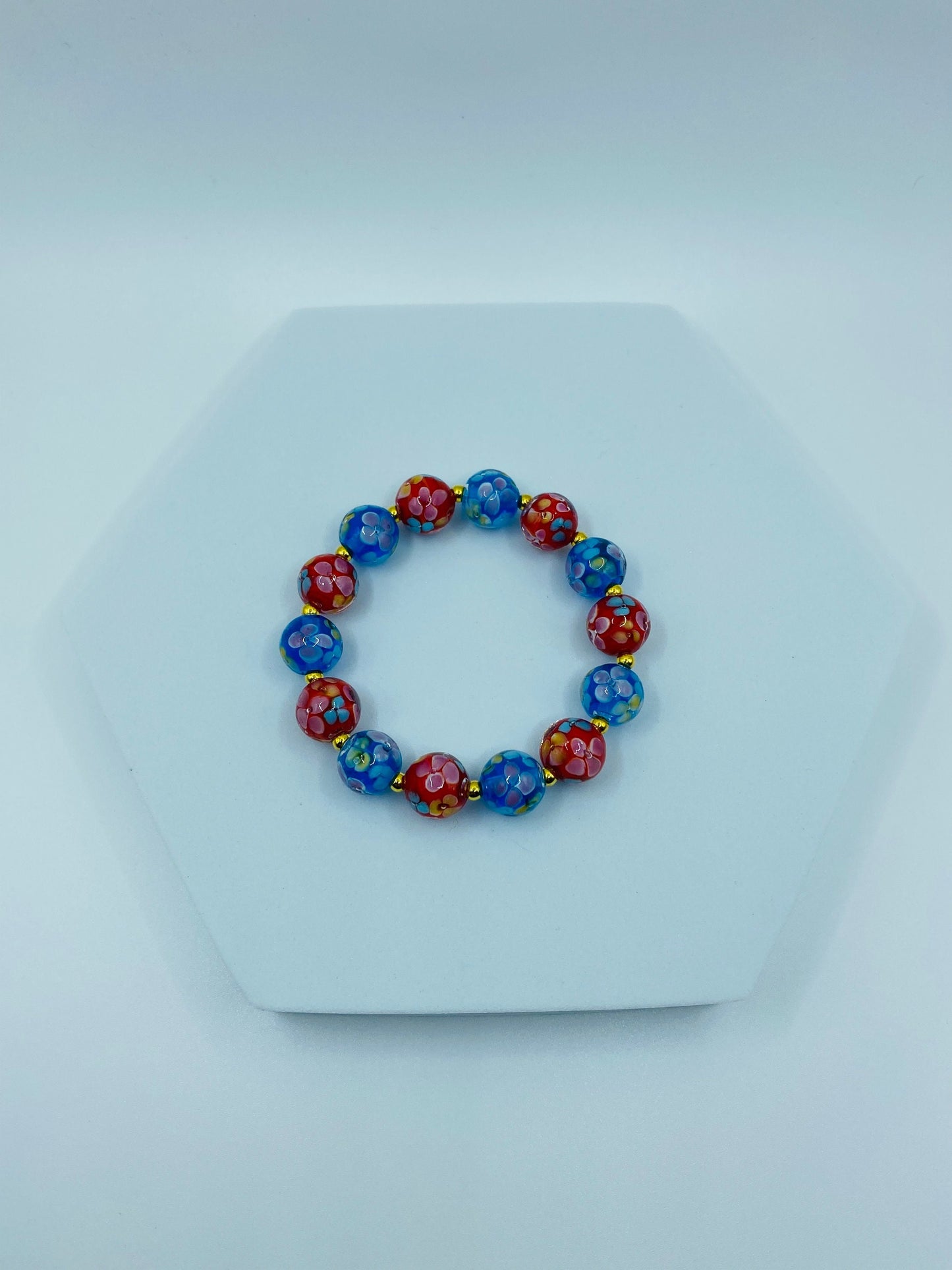 Floral Lampwork Glass Bead Bracelet: Red & Blue Murano Style