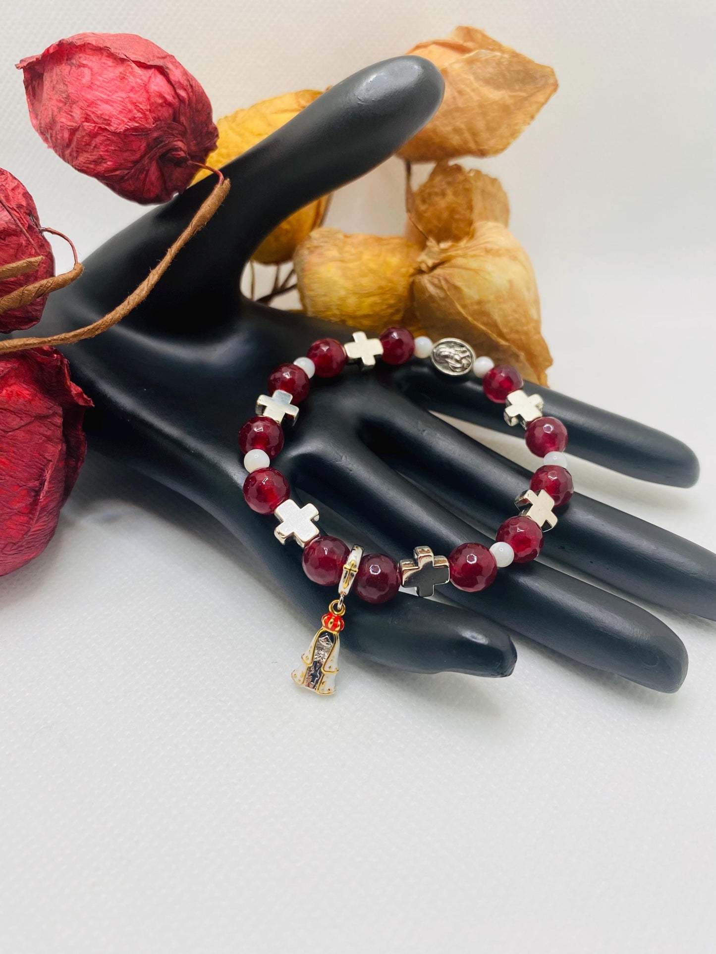 Carnelian Rosary Bracelet: Mary of Nazareth Cross Charm