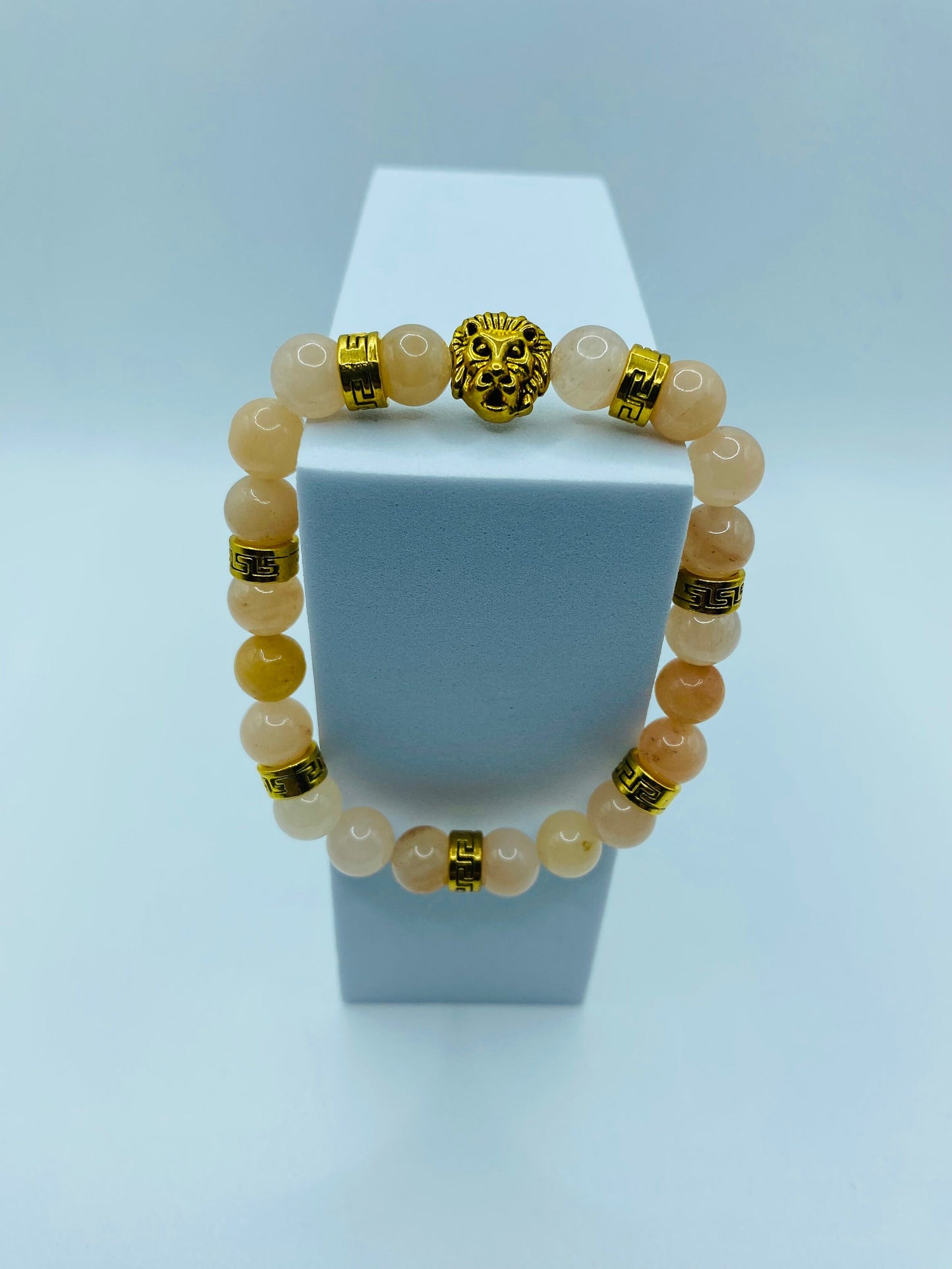 Pink Jade Lion Bracelet: Gold Tibetan Charm Bracelet