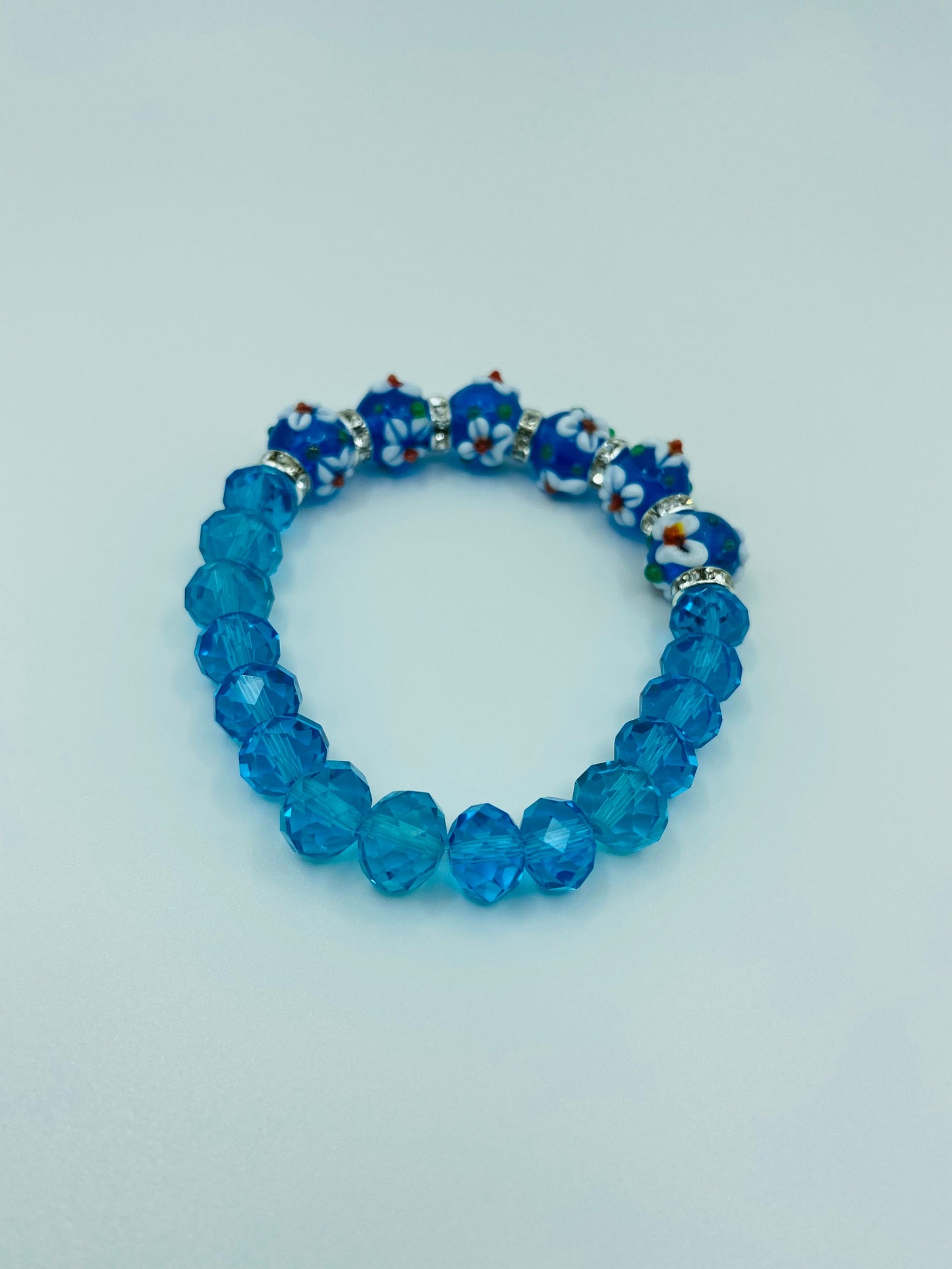 Blue Crystal Bracelet: Floral Lampwork Glass Beads, Rhinestone Rondelles