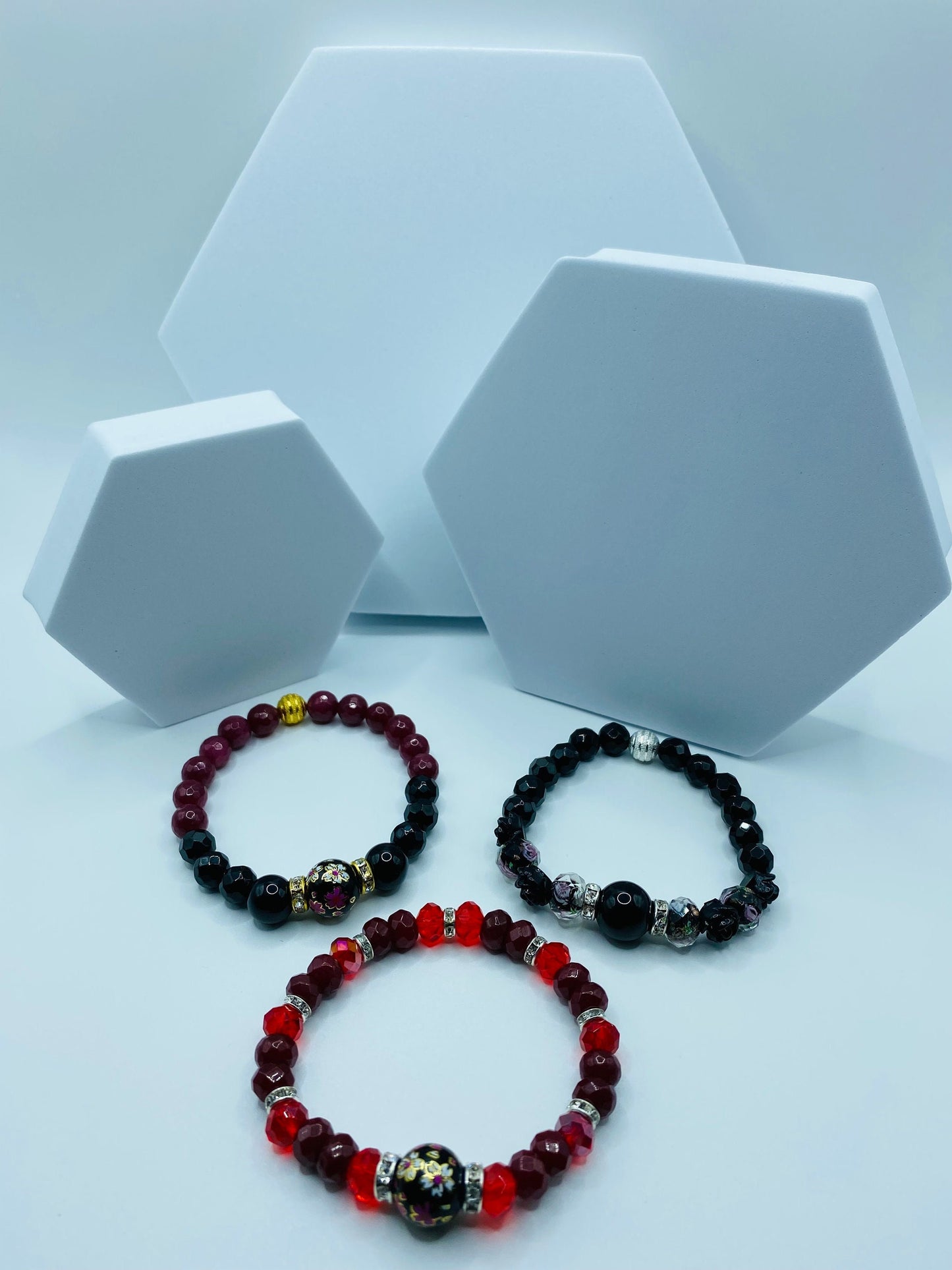 Red Jade & Crystal Beaded Bracelet with Floral Painted Glass Bead