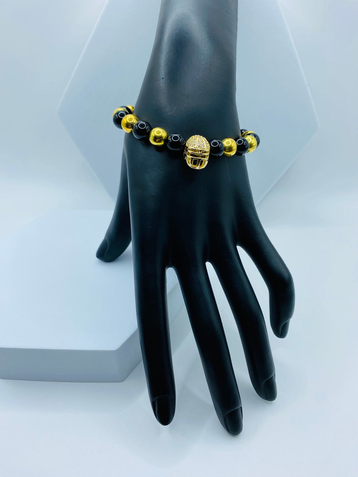 New Orleans Saints Bracelet: Onyx & Gold Hematite Football Helmet