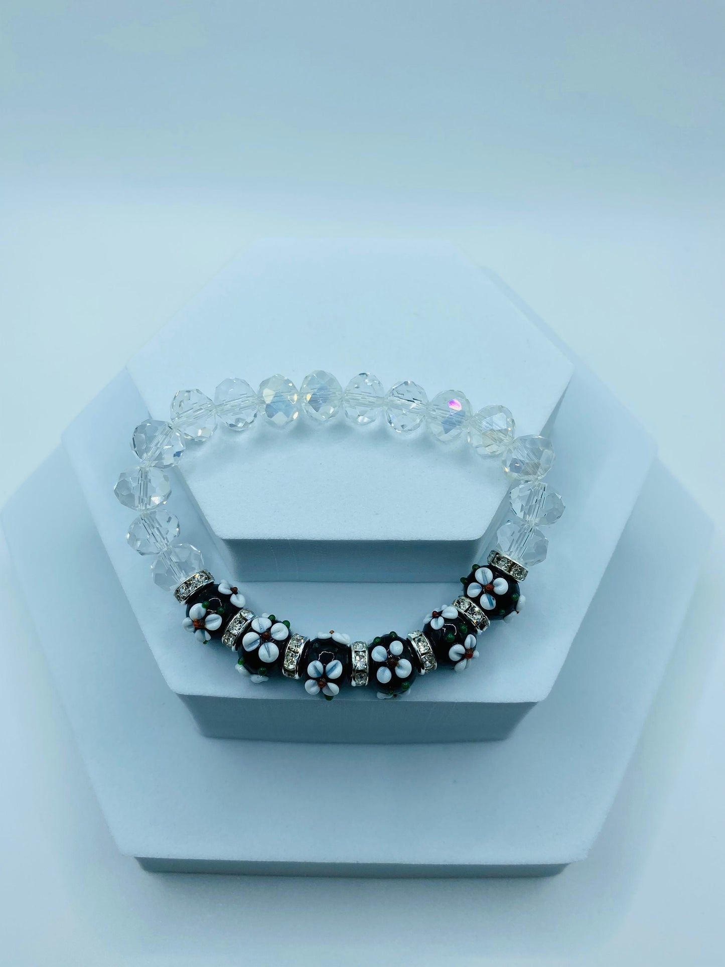 Lampwork Floral Glass Bead Bracelet: Rhinestone Crystal Flower Bracelet