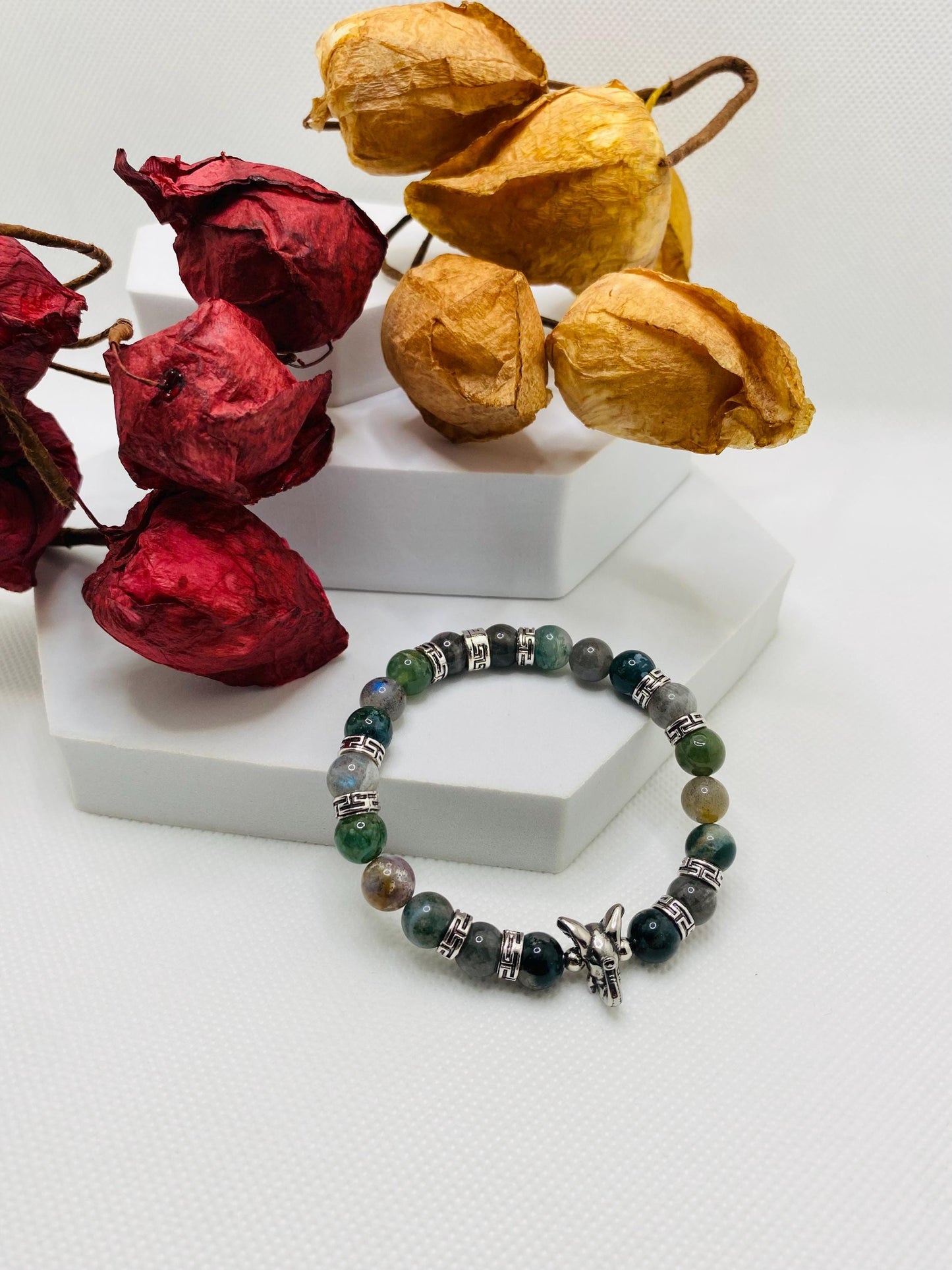 Moss Agate Beaded Bracelet: Elephant Charm, Tibetan Silver Spacers