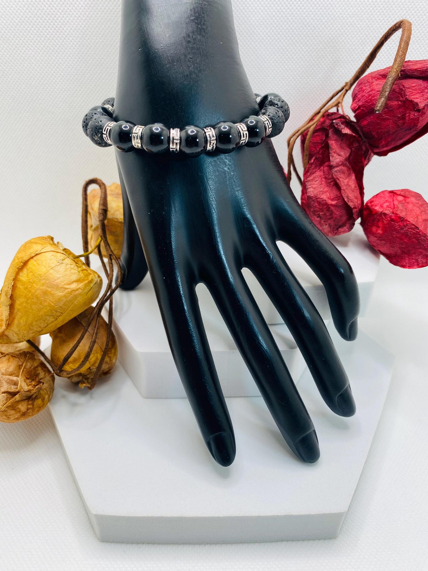 Black Onyx & Lava Rock Bracelet with Tibetan Spacers