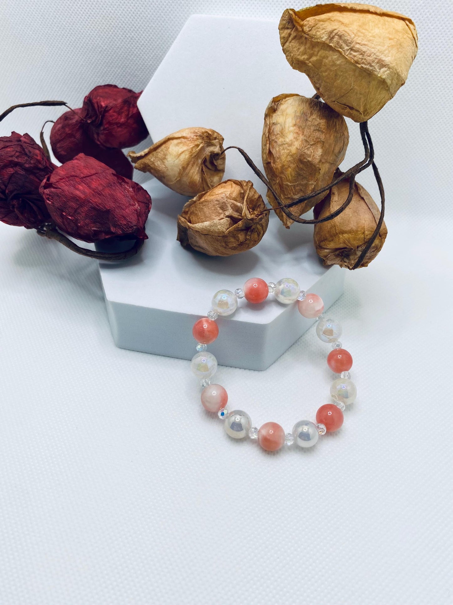 Snow Quartz, Onyx & Persian Pink Gemstone Bracelet