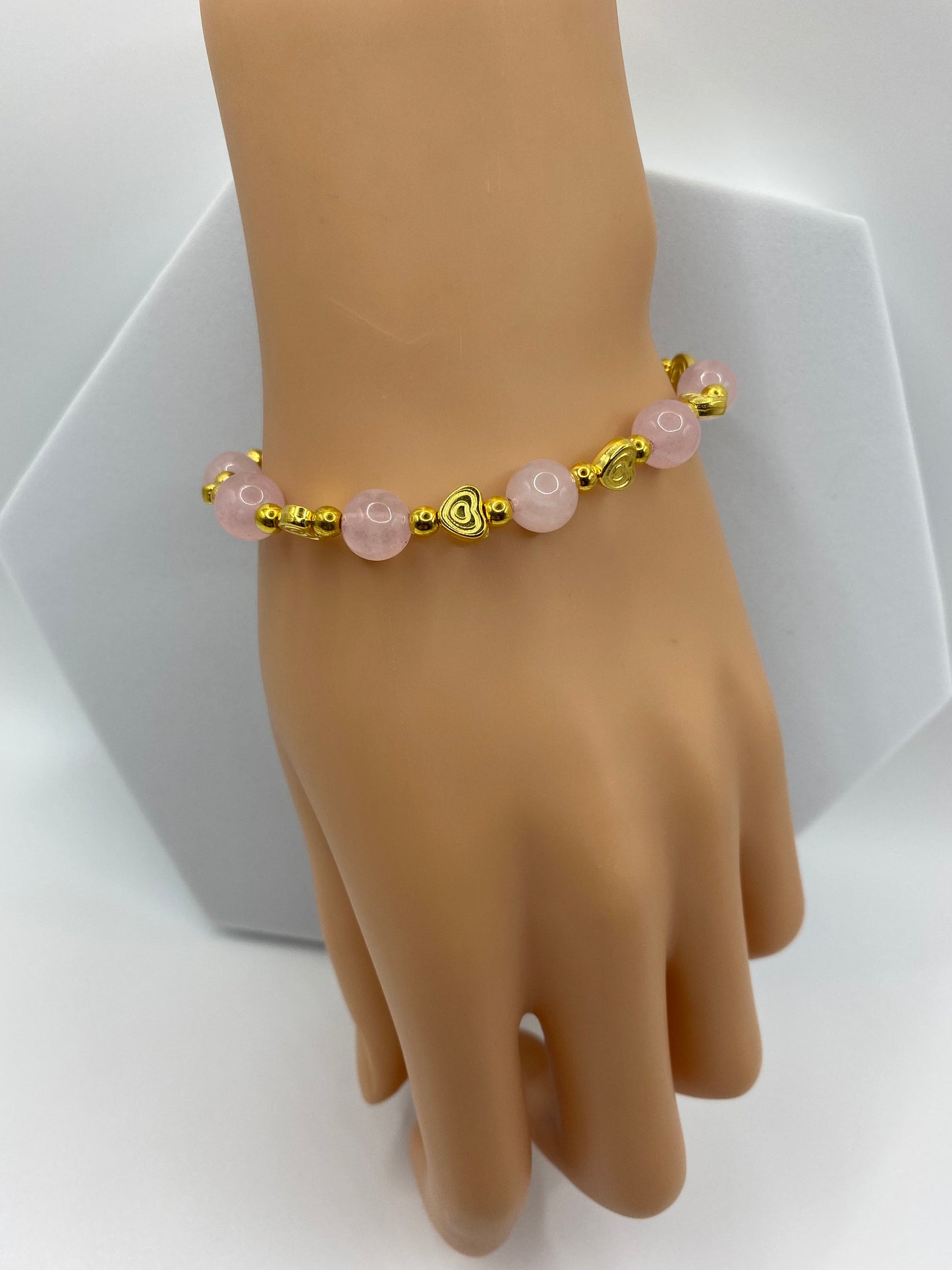 Rose Quartz Bracelet: 18k Gold Heart Charms, Gold Hematite Beads