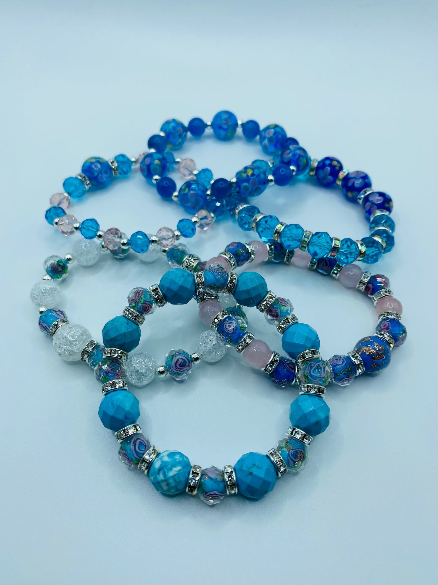 Turquoise Bracelet Custom Jewelry with Lampwork Flower Glass Beads - Mens Bracelet - Bracelets for Women