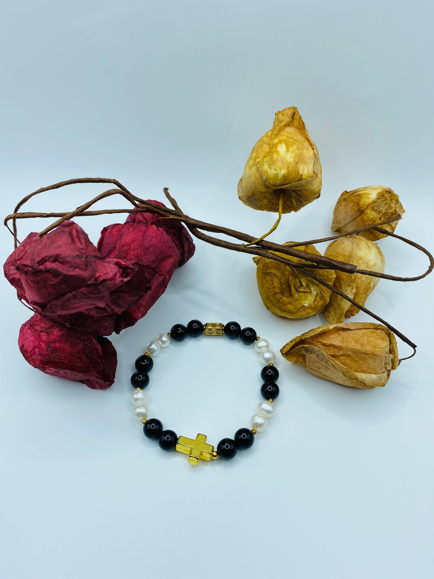 Gold Cross Bracelet: Pearl & Onyx Gemstone Beads, Spiritual Jewelry