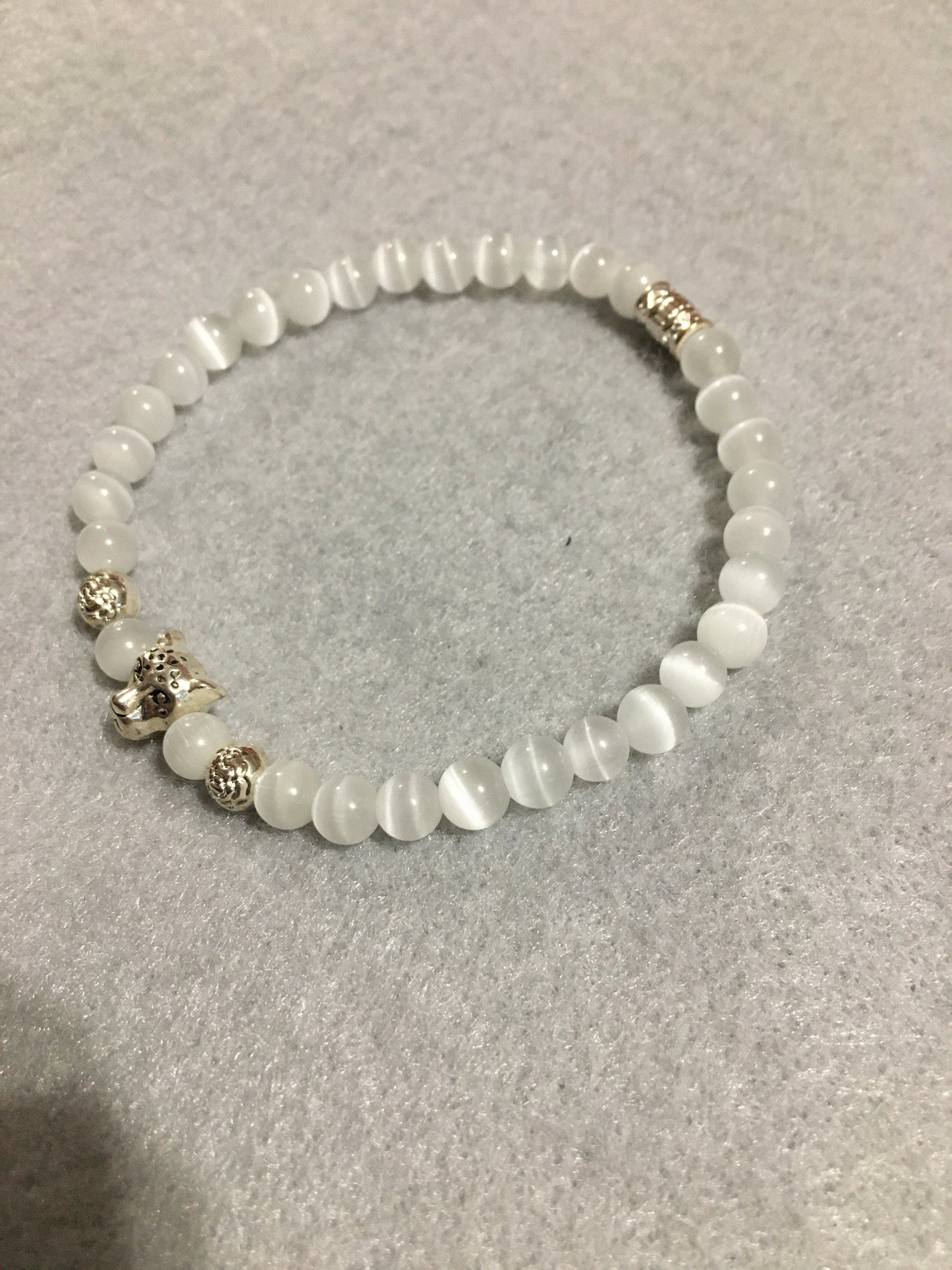 Leopard Charm Bracelet: White Cats Eye Bead, Silver Accents