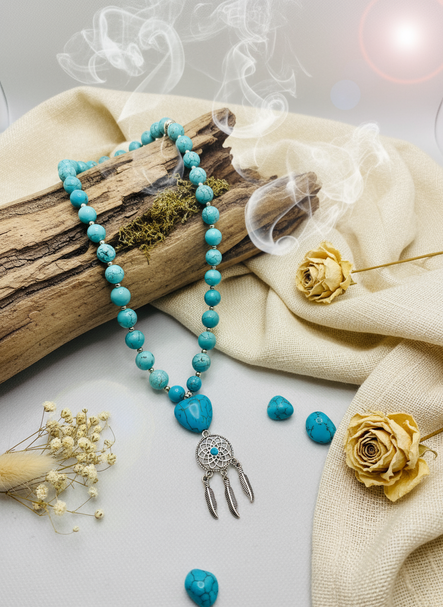 Background for Handmade Turquoise Heart Necklace with Boho Dreamcatcher Pendant
