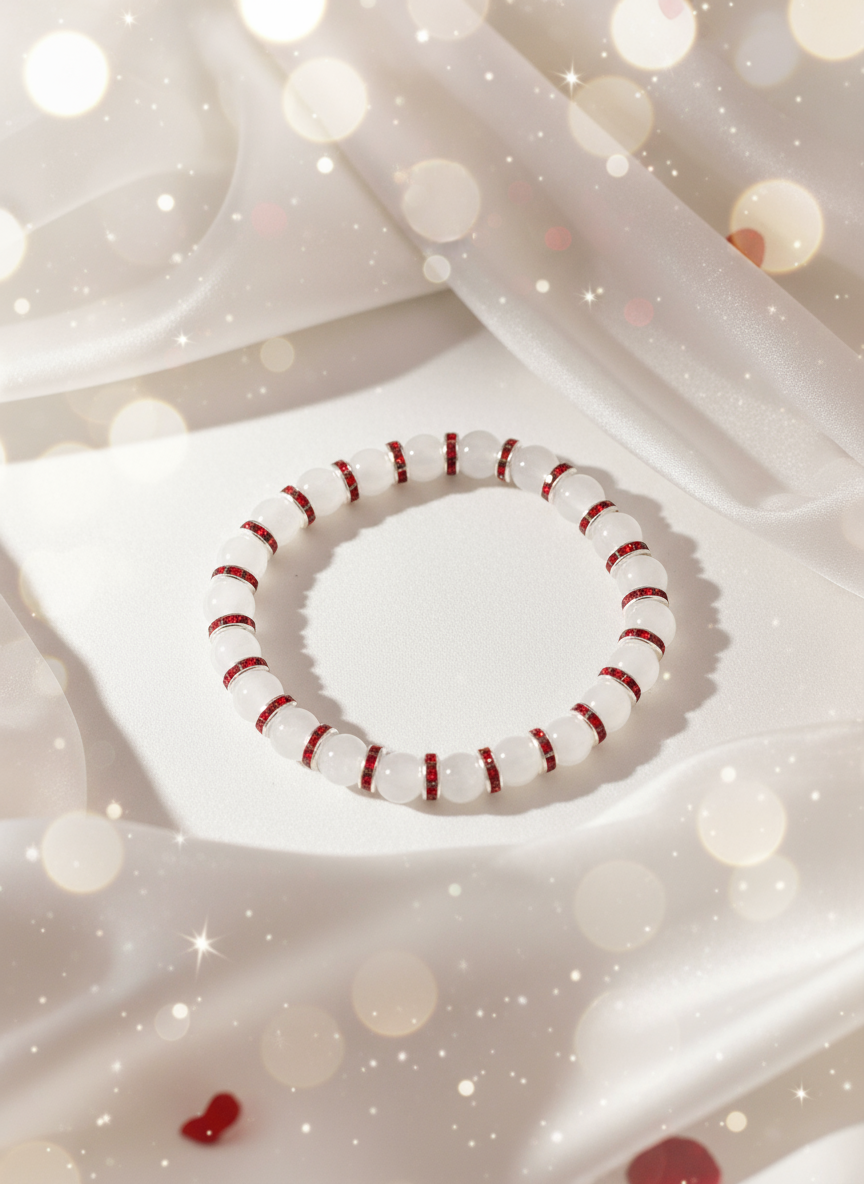 Background for White Jade Bracelet with Red Rhinestone Rondelles
