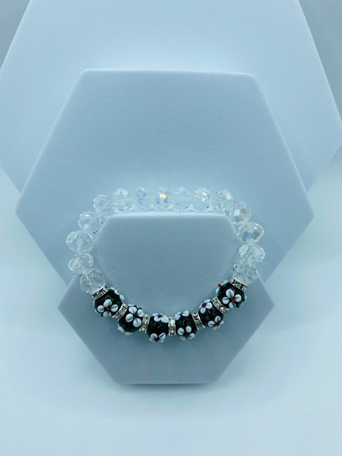 Lampwork Floral Glass Bead Bracelet: Rhinestone Crystal Flower Bracelet