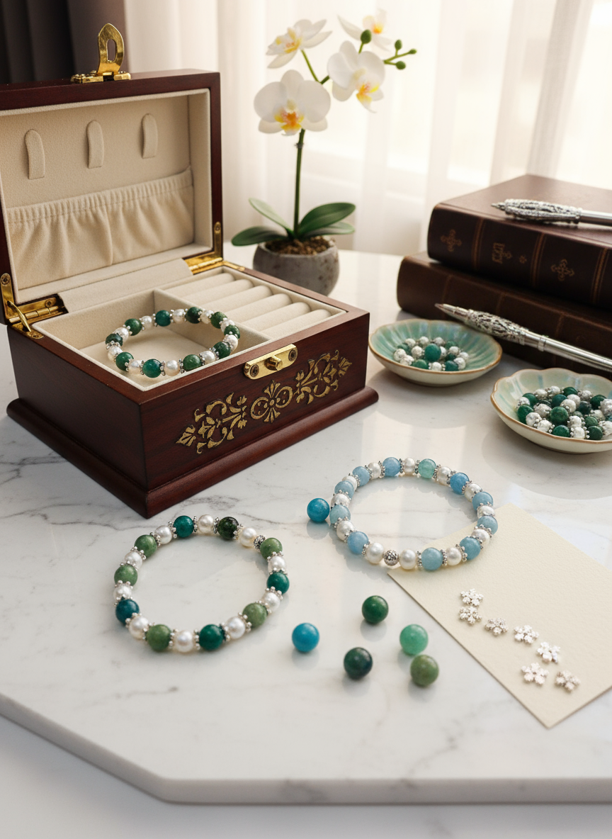 Baroque Pearl Bracelet Set with Jade & Agate Background