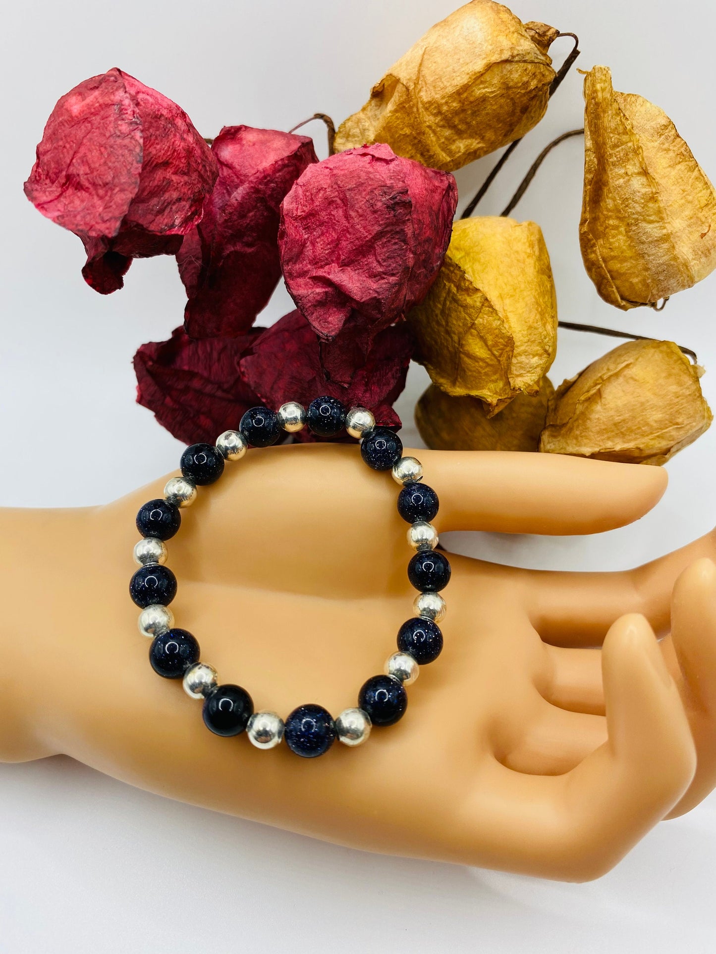 Beaded Bracelet Silver Hematite & Blue Sandstone Gemstone Beads - Mens Bracelet - Bracelets for Women