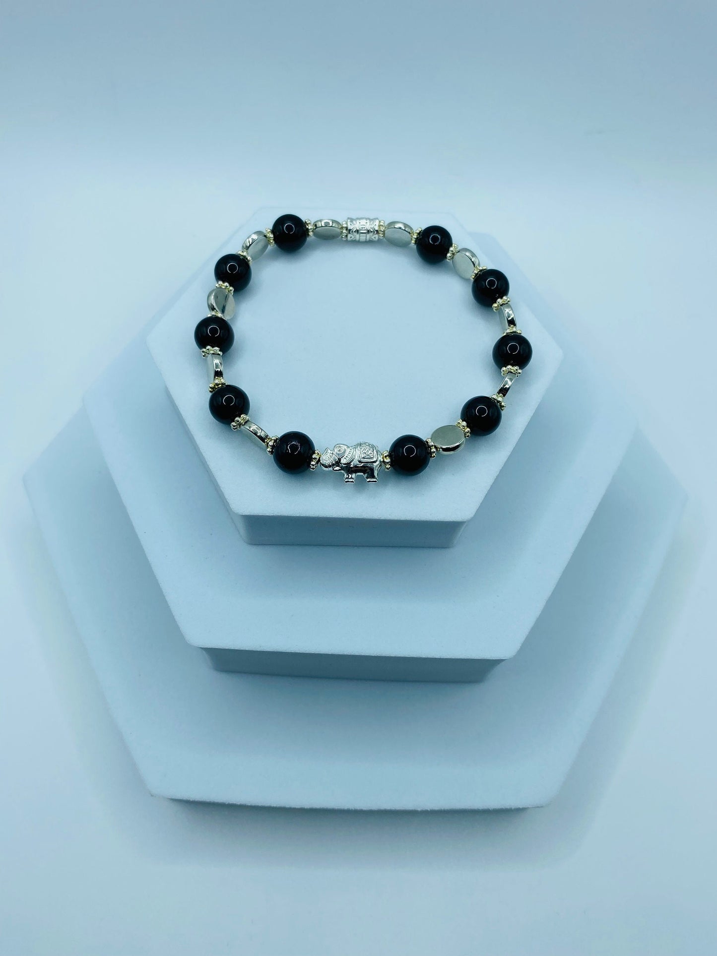 Elephant Charm Bracelet: Black Onyx Gemstone Beads, White Gold Accents