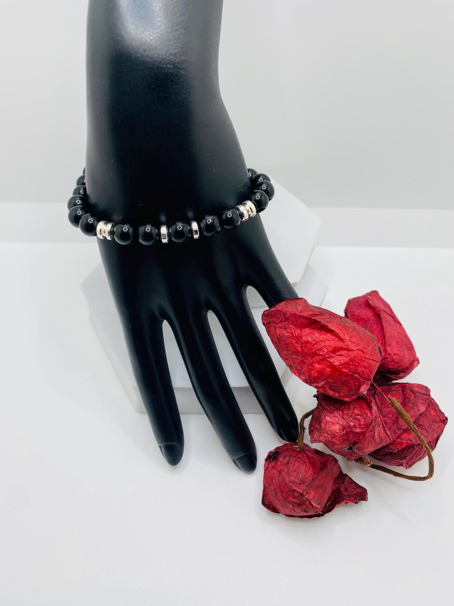 Black Onyx Beaded Bracelet for Men: Silver Plated Accents